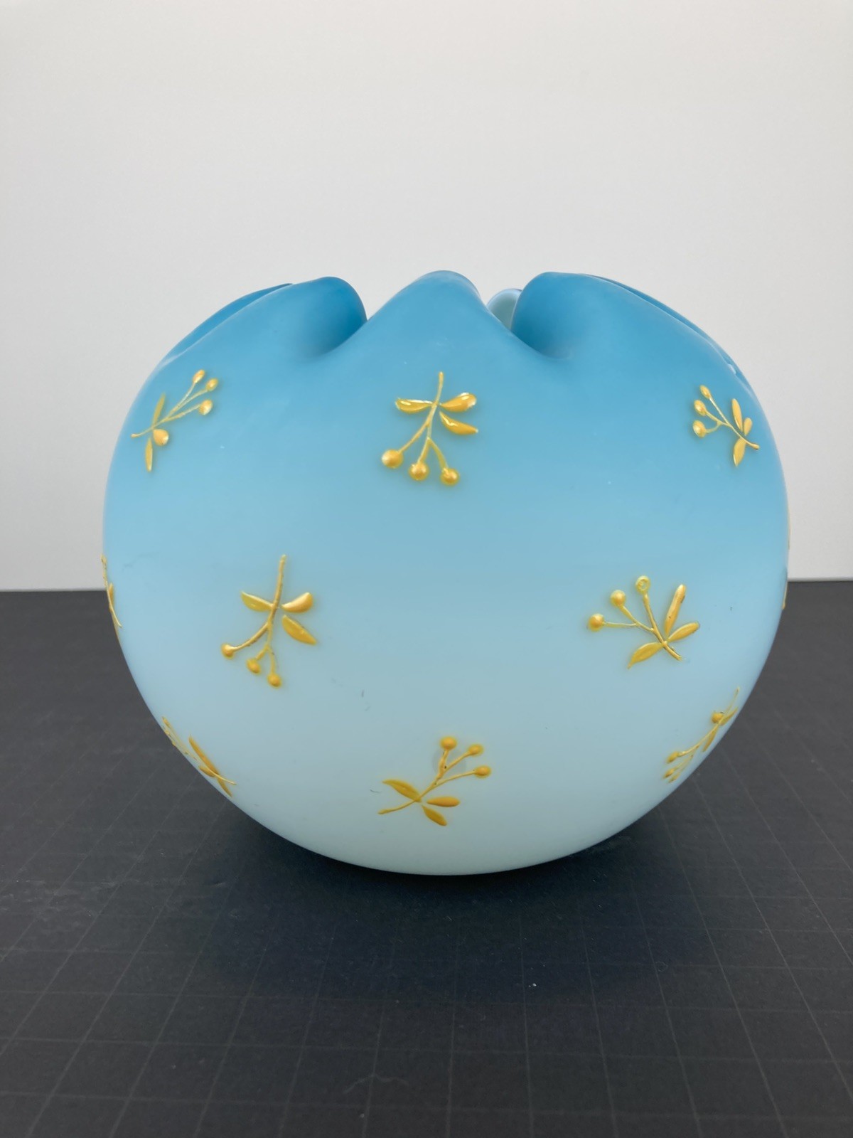 LARGE ANTIQUE VICTORIAN BLUE SATIN GLASS CRIMPED ROSE BOWL/ 6" TALL X 5" WIDE LARGE ANTIQUE VICTORIAN BLUE SATIN GLASS CRIMPED ROSE BOWL/ 6" TALL X 5" WIDE