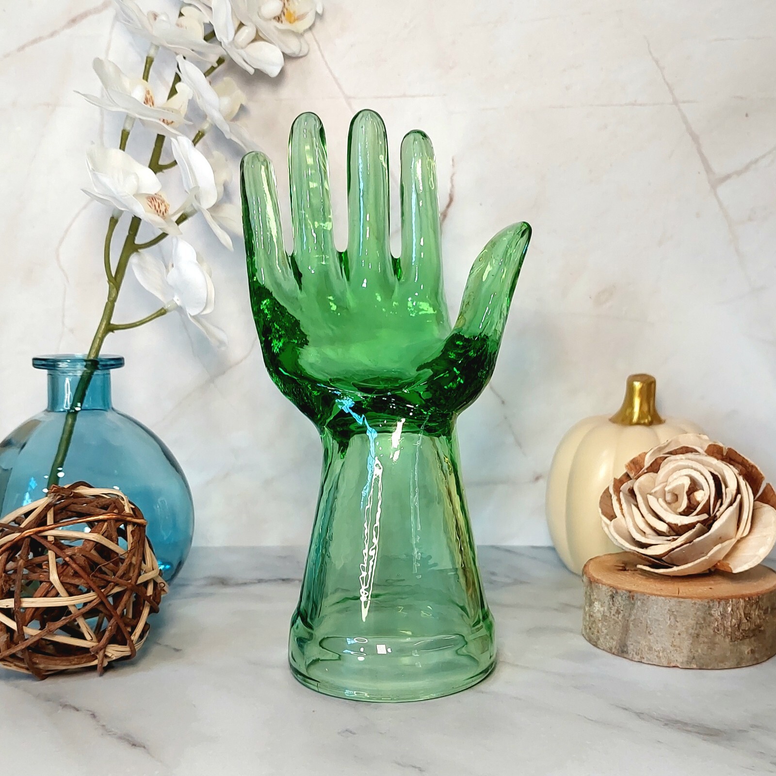 Green Depression Style Glass Hand Ring Holder, Jewelry Box, VTG Style, Retro Green Depression Style Glass Hand Ring Holder, Jewelry Box, VTG Style, Retro