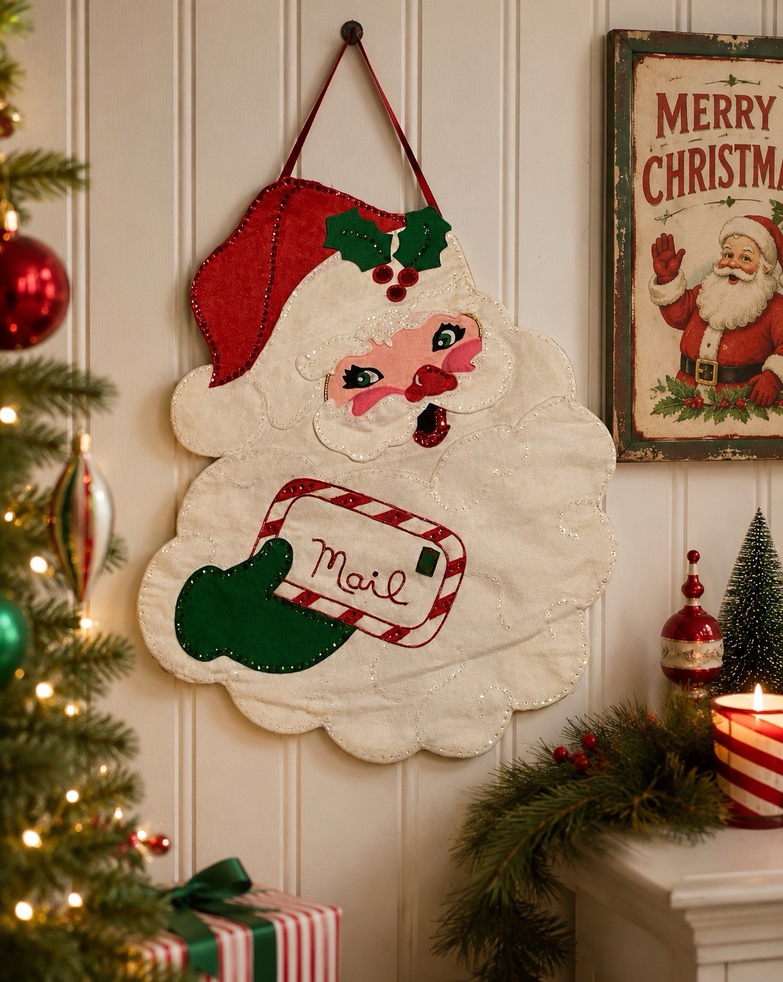 Vintage Christmas Card Holder Bucilla Santa Face Jeweled Mail Bag Kit 3404 1970s
