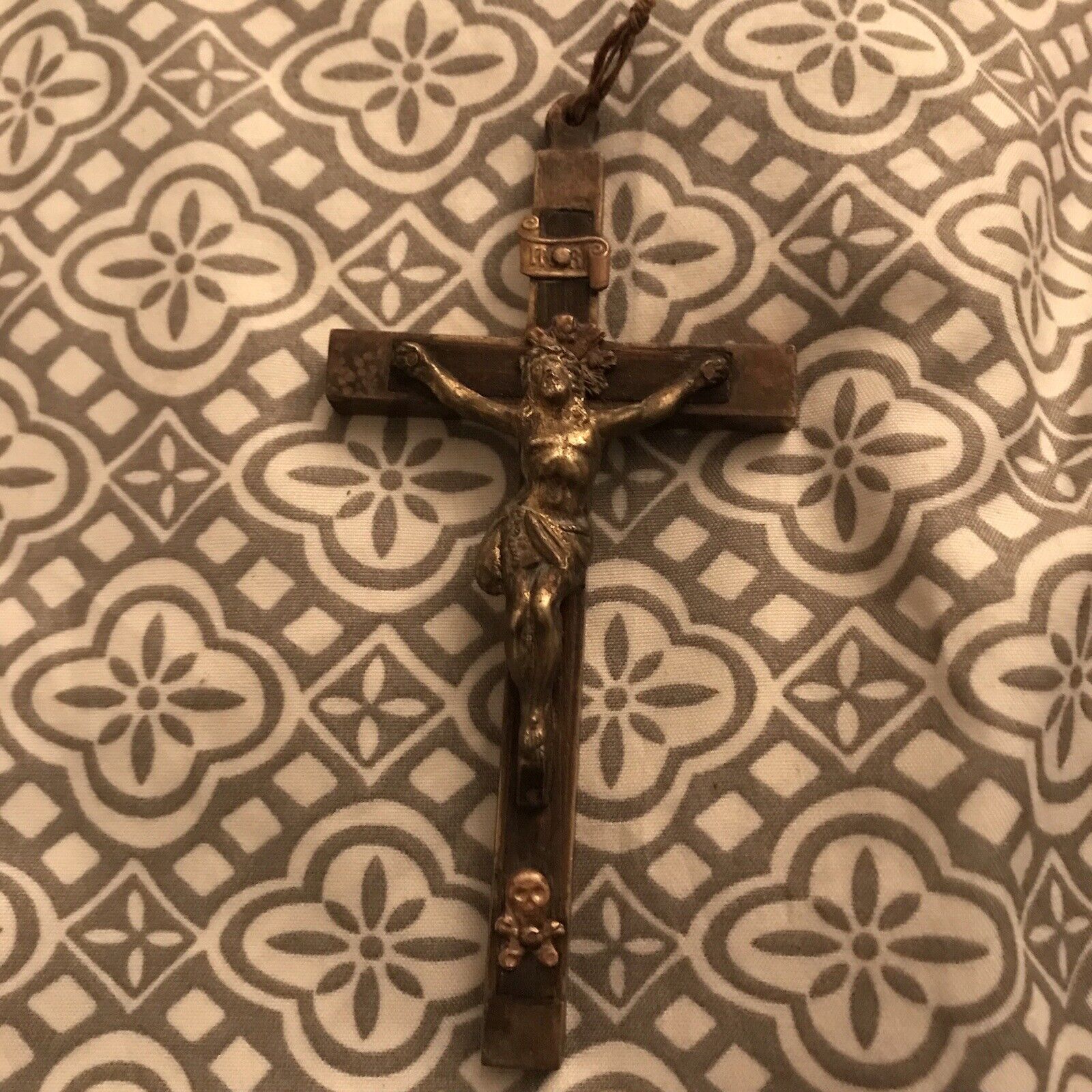 Vintage French pectoral cross nickel inlaid Ebony wood 4” Silver Crucifix Black