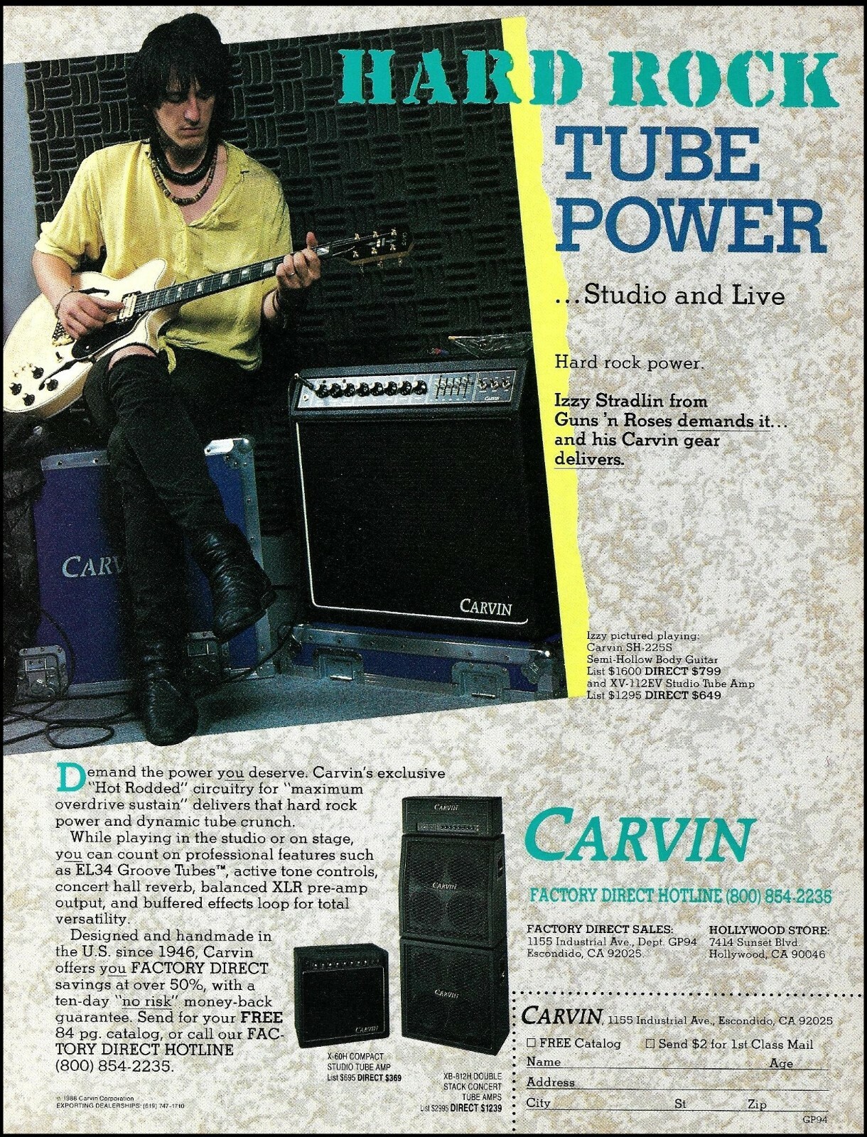 Guns n' Roses Izzy Stradlin 1988 Carvin SH-225S guitar & amp advertisement print Guns n' Roses Izzy Stradlin 1988 Carvin SH-225S guitar & amp advertisement print