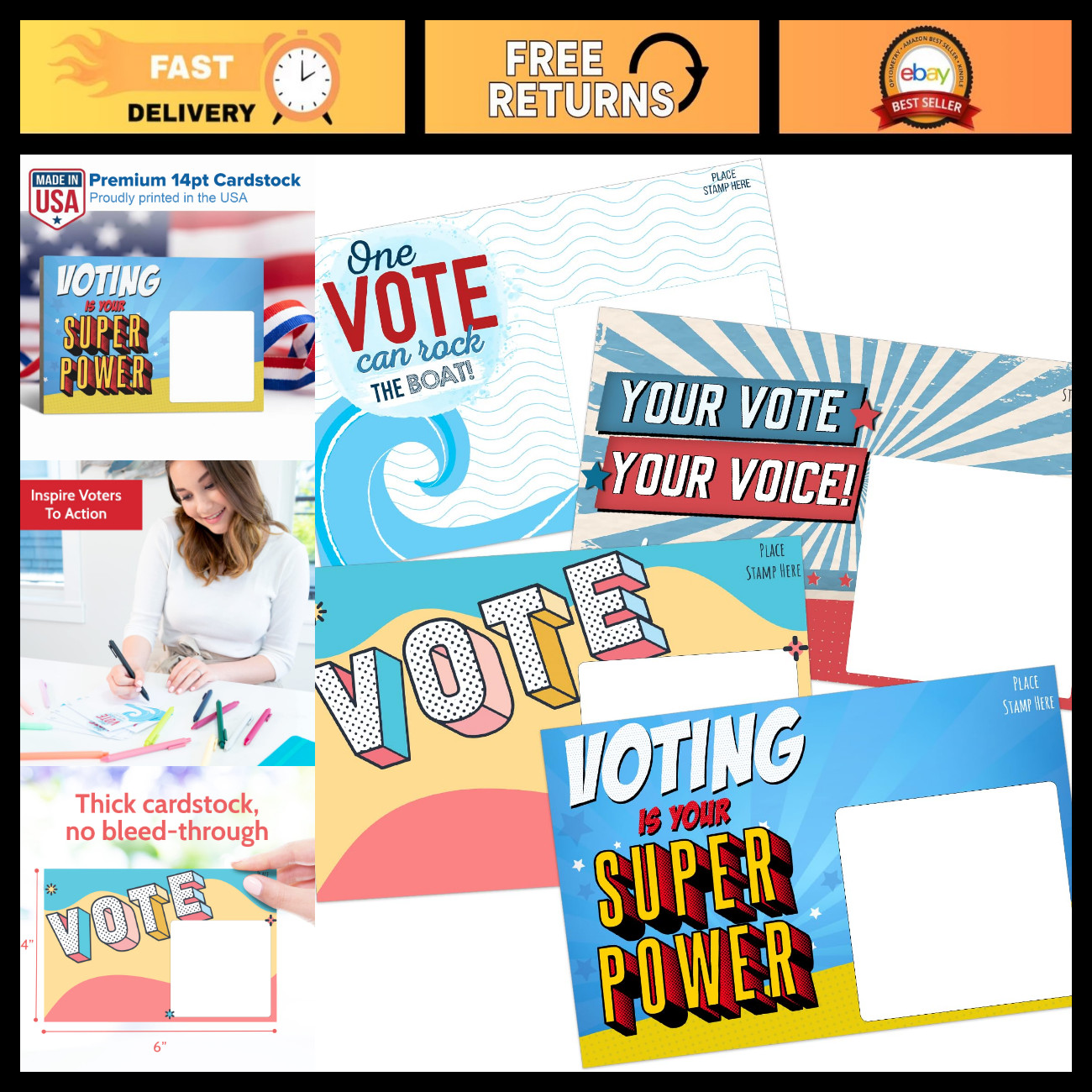 400 Bulk Voter Postcards 4x6 - 4 Colorful Designs, Blank for Custom Messages, Sm 400 Bulk Voter Postcards 4x6 - 4 Colorful Designs, Blank for Custom Messages, Sm