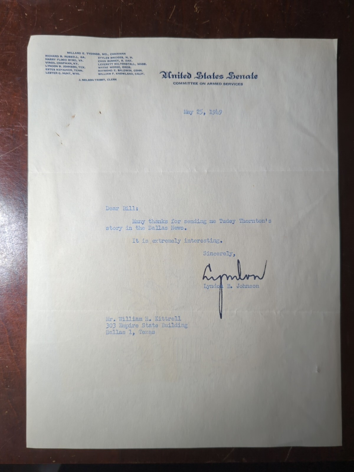 Lyndon B Johnson Signed Letter 1949 US Senator Autograph TLS Vintage LBJ COA Lyndon B Johnson Signed Letter 1949 US Senator Autograph TLS Vintage LBJ COA