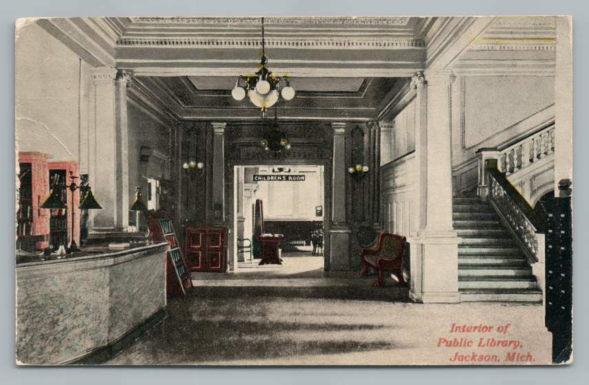 Public Library Interior JACKSON Michigan~Rare Antique Postcard Drake Bros 1912