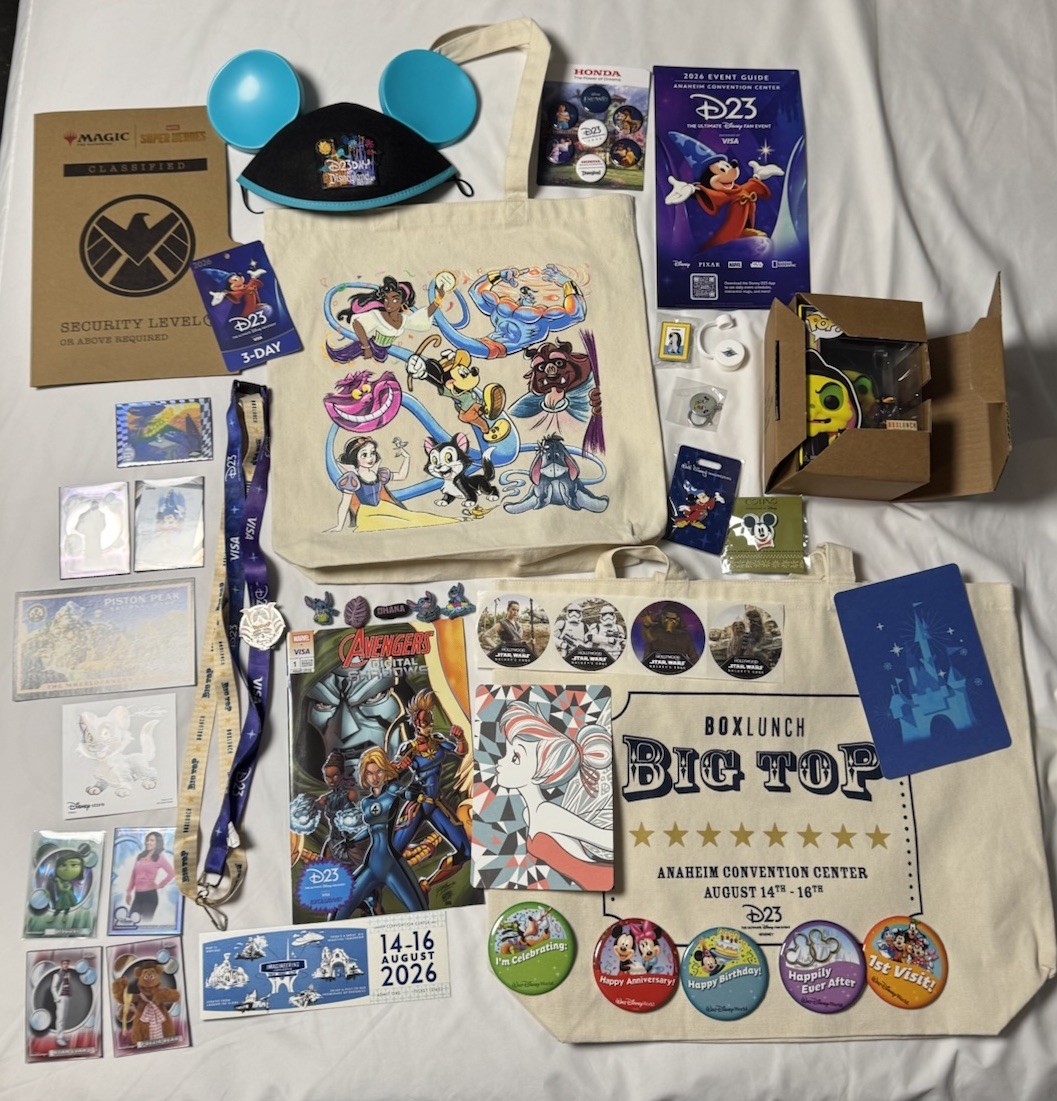 Disney D23 Expo 2026 Show Floor Lot Tote Lanyard Comic Card Pin Ephemera + Bonus Disney D23 Expo 2026 Show Floor Lot Tote Lanyard Comic Card Pin Ephemera + Bonus