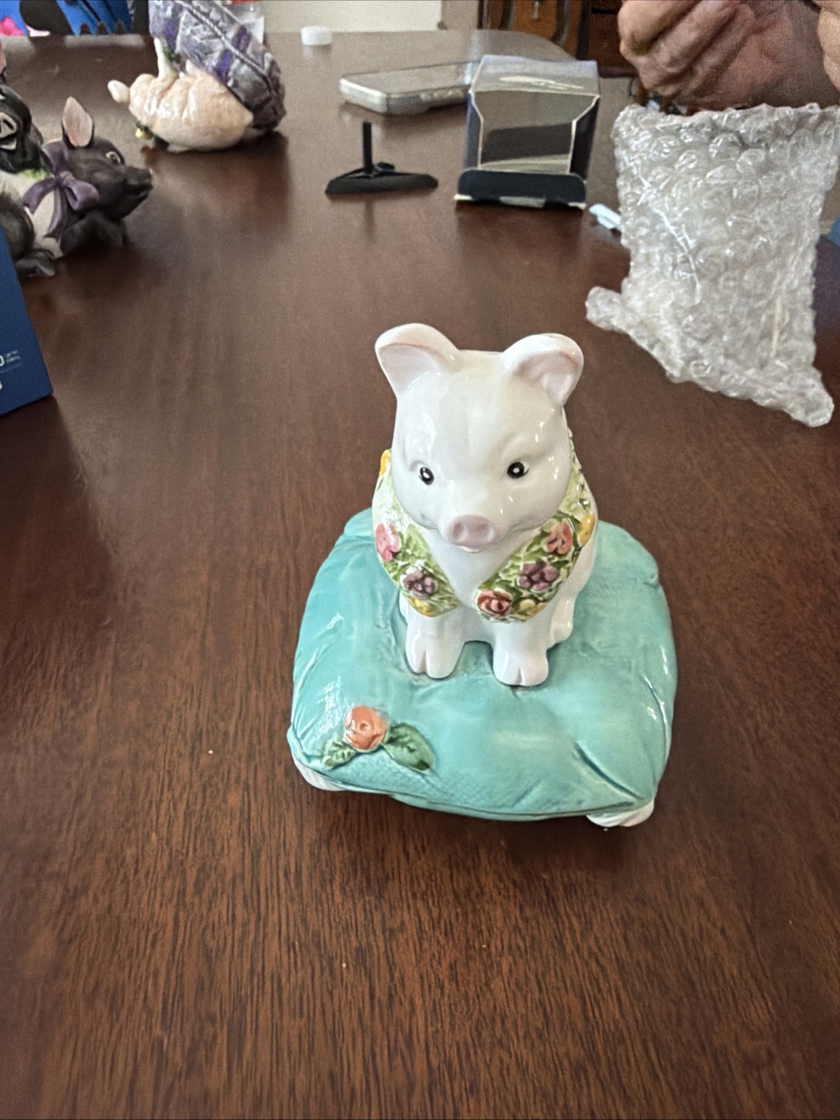 Vintage Schmid Ceramic Pig Musical Box 1987 Pig Seated Seafoam Green cushion