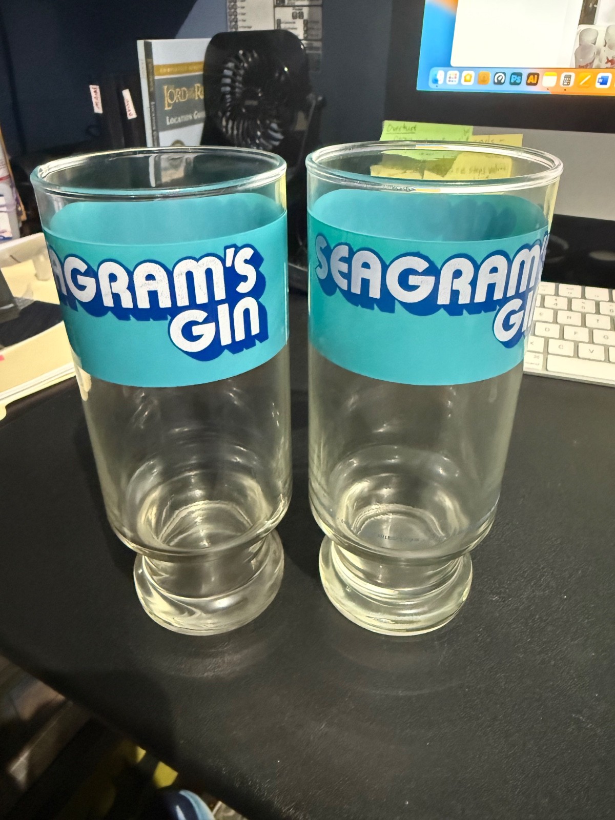 Vintage Seagram's Gin Advertising Footed Glasses Blue Logo Barware Cocktail RARE Vintage Seagram's Gin Advertising Footed Glasses Blue Logo Barware Cocktail RARE