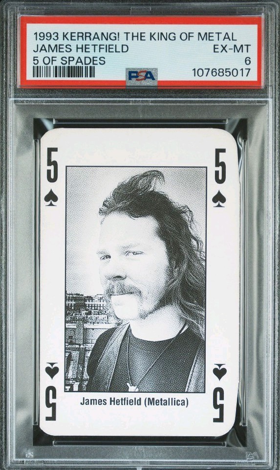 1993 KERRANG THE KING OF METAL PLAYING CARDS JAMES HETFIELD 5 OF SPADES PSA 6 1993 KERRANG THE KING OF METAL PLAYING CARDS JAMES HETFIELD 5 OF SPADES PSA 6