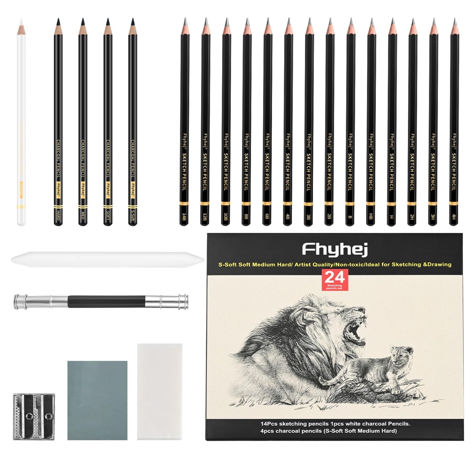 24-Piece Drawing Pencil Set - 14 Graphite Sketch Pencils (14B-4H), 4 Black 24-Piece Drawing Pencil Set - 14 Graphite Sketch Pencils (14B-4H), 4 Black