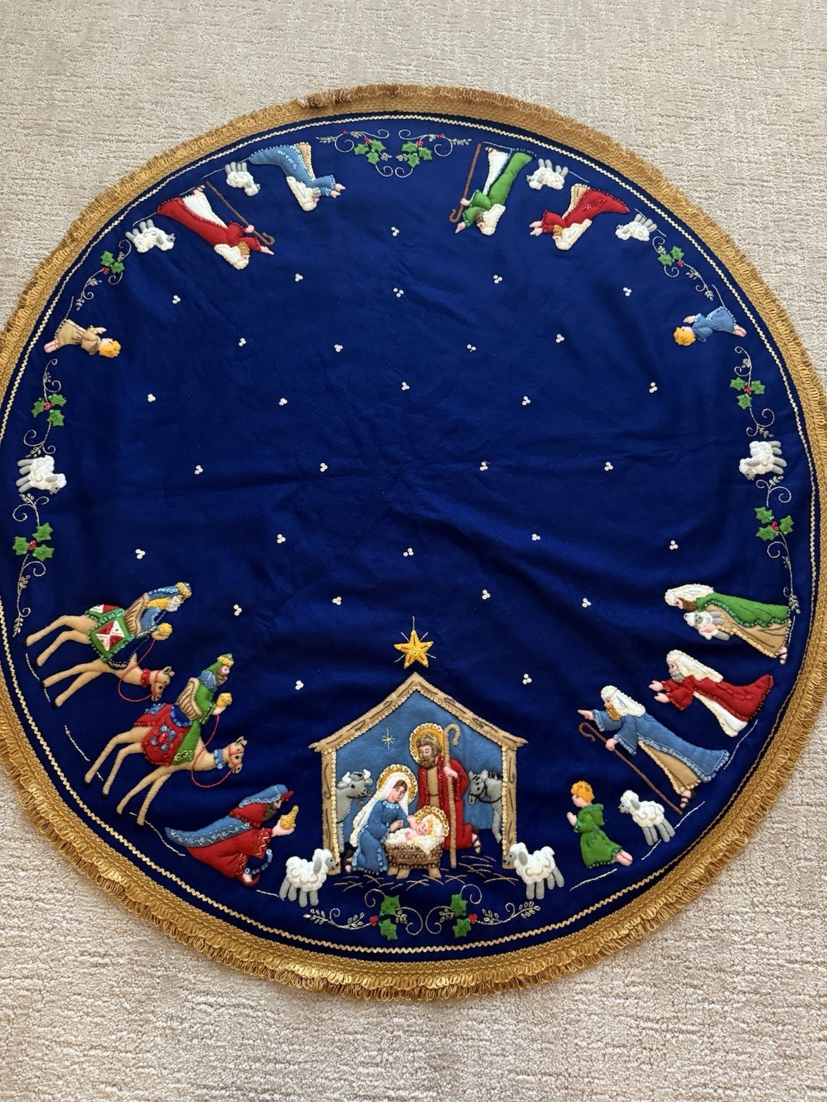 Vintage Bucilla Nativity 43" Round Felt Tree Skirt Blue Christmas Applique