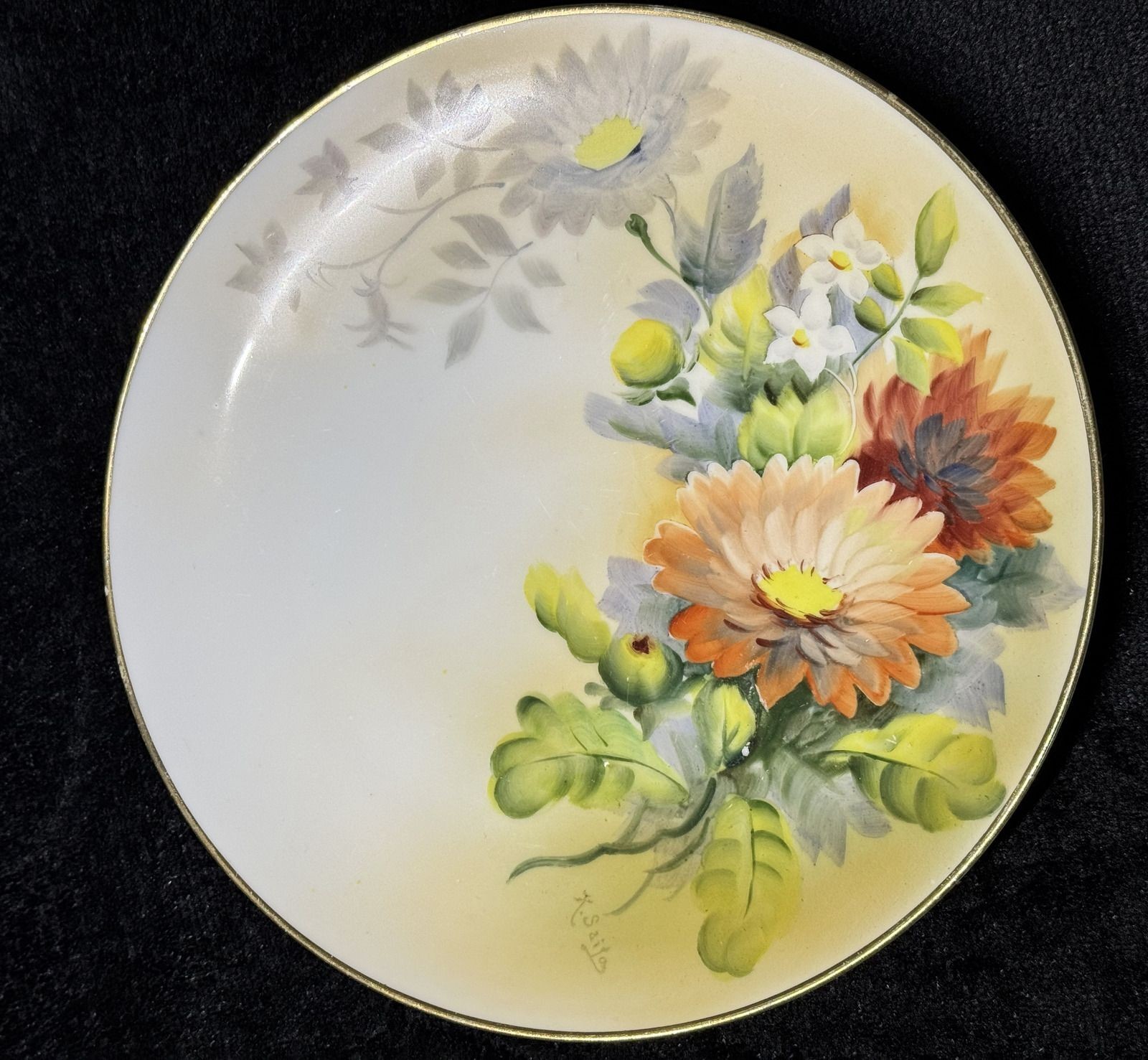 Hand-Painted Floral Porcelain Plate with Gold Trim Signed Hand-Painted Floral Porcelain Plate with Gold Trim Signed
