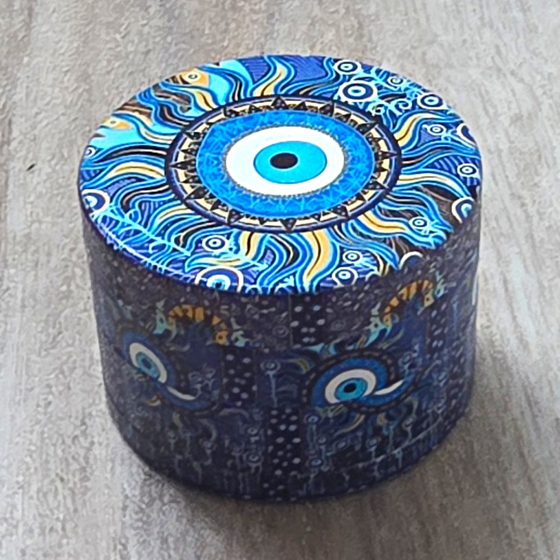Blue Evil Eye Abstract Painted Metal Trinket Box Small Round Lidded Tin