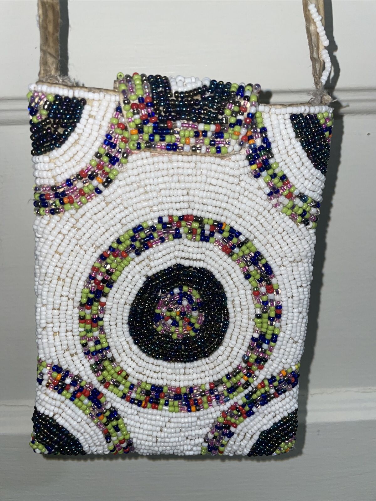 Mexican Beaded Coin Purse Snap Closure Long Beaded Strap