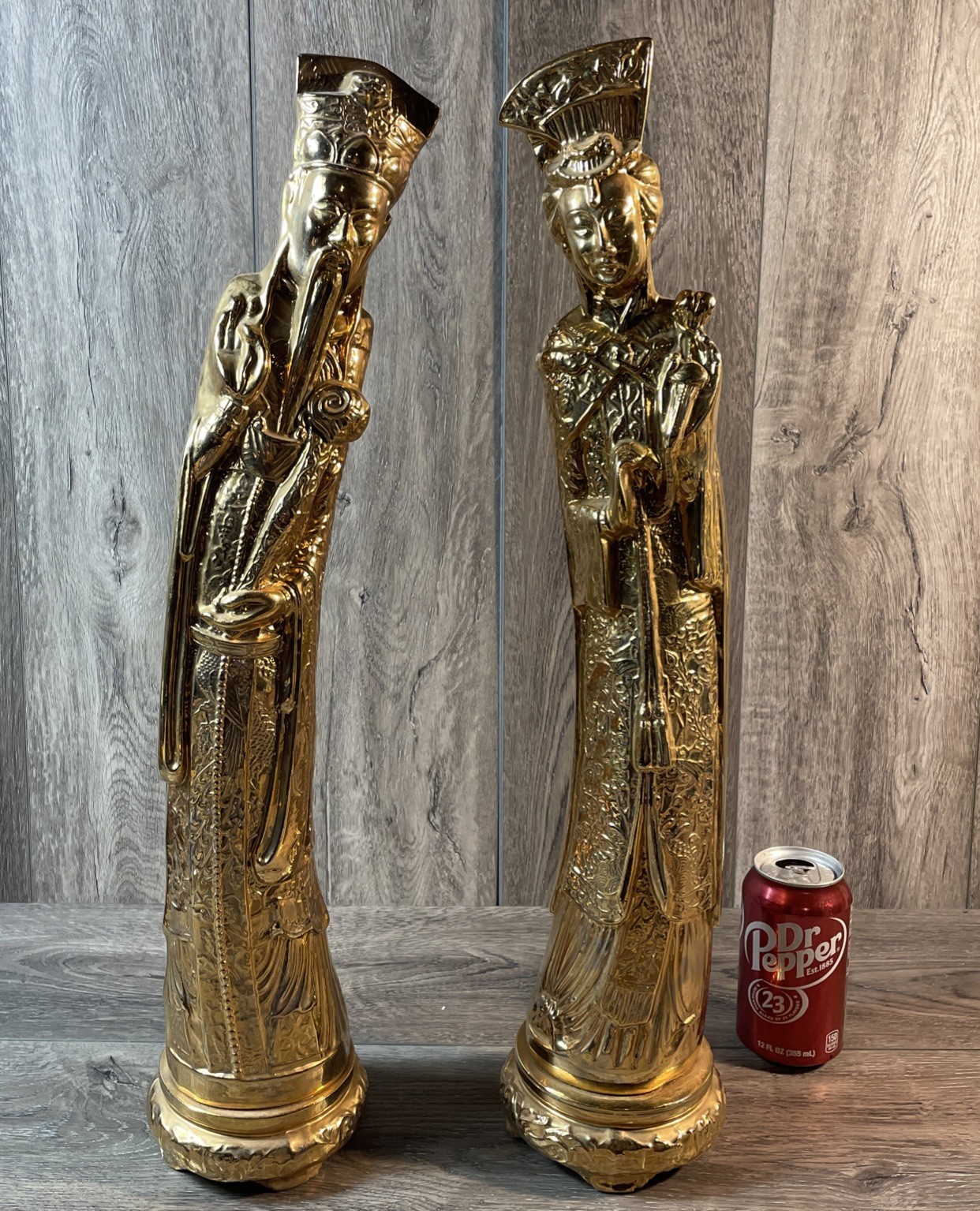 Vintage Chinese King and Queen Immortal Figurines in Gold - A Pair - Porcelain