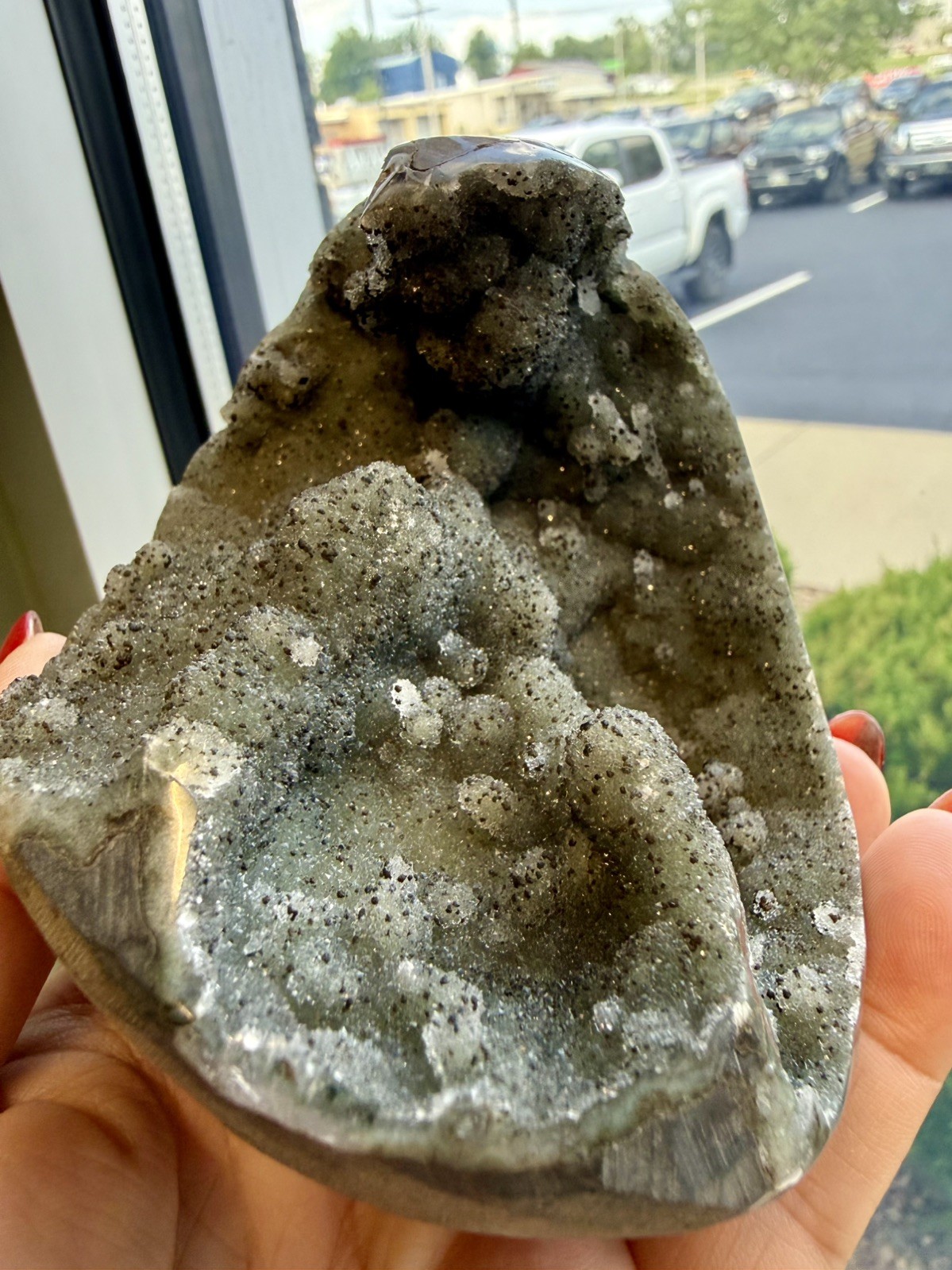 Green/Gray Amethyst Cut base almost 2lbs Green/Gray Amethyst Cut base almost 2lbs