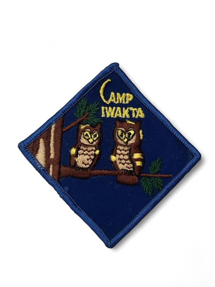 Vintage Boy Scouts Camp Iwakta Patch Owl Design Blue Border Blue Diamond