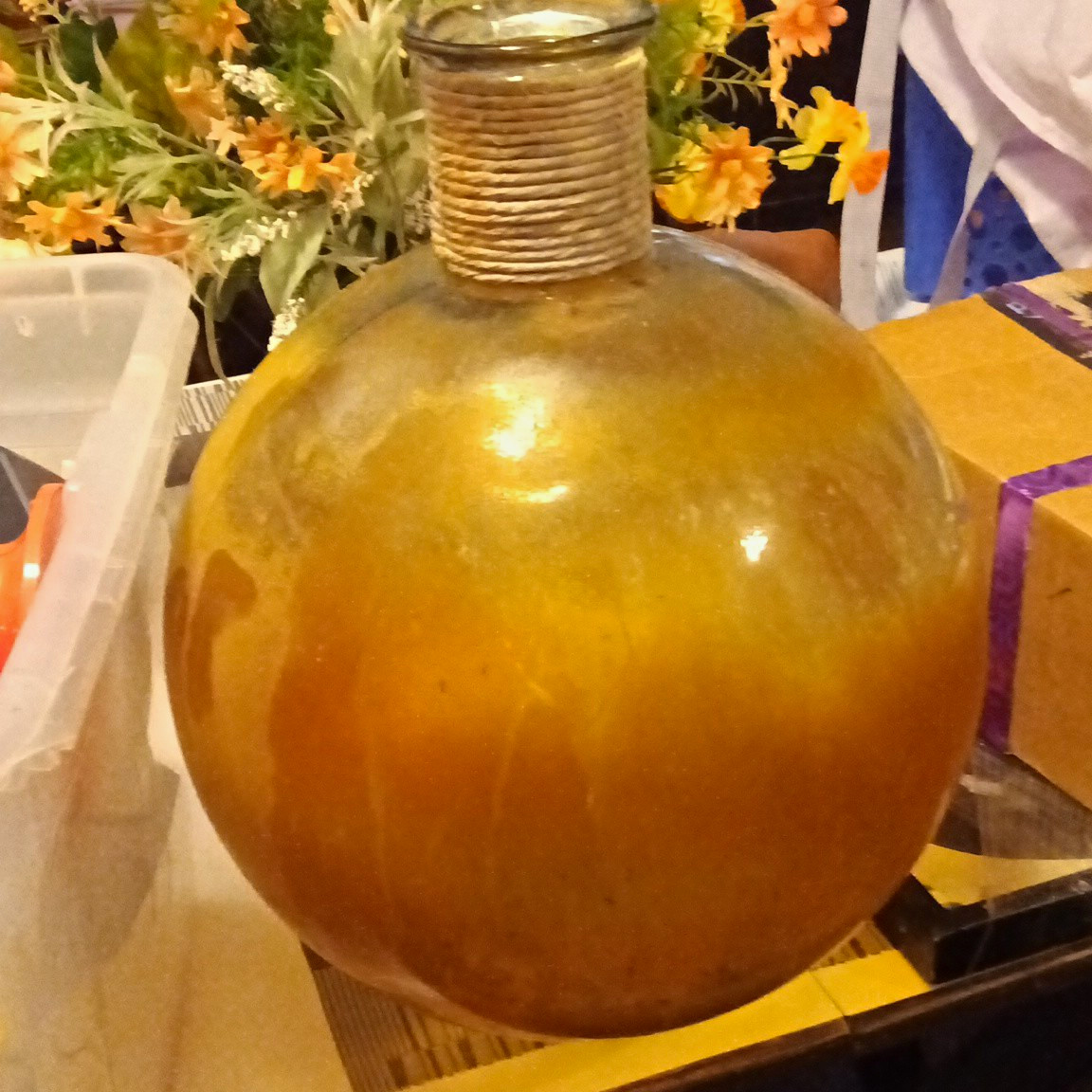Antique Brown Amber Glass Flask Bottle, Round, Ribbed Neck, String-Wrapped Antique Brown Amber Glass Flask Bottle, Round, Ribbed Neck, String-Wrapped