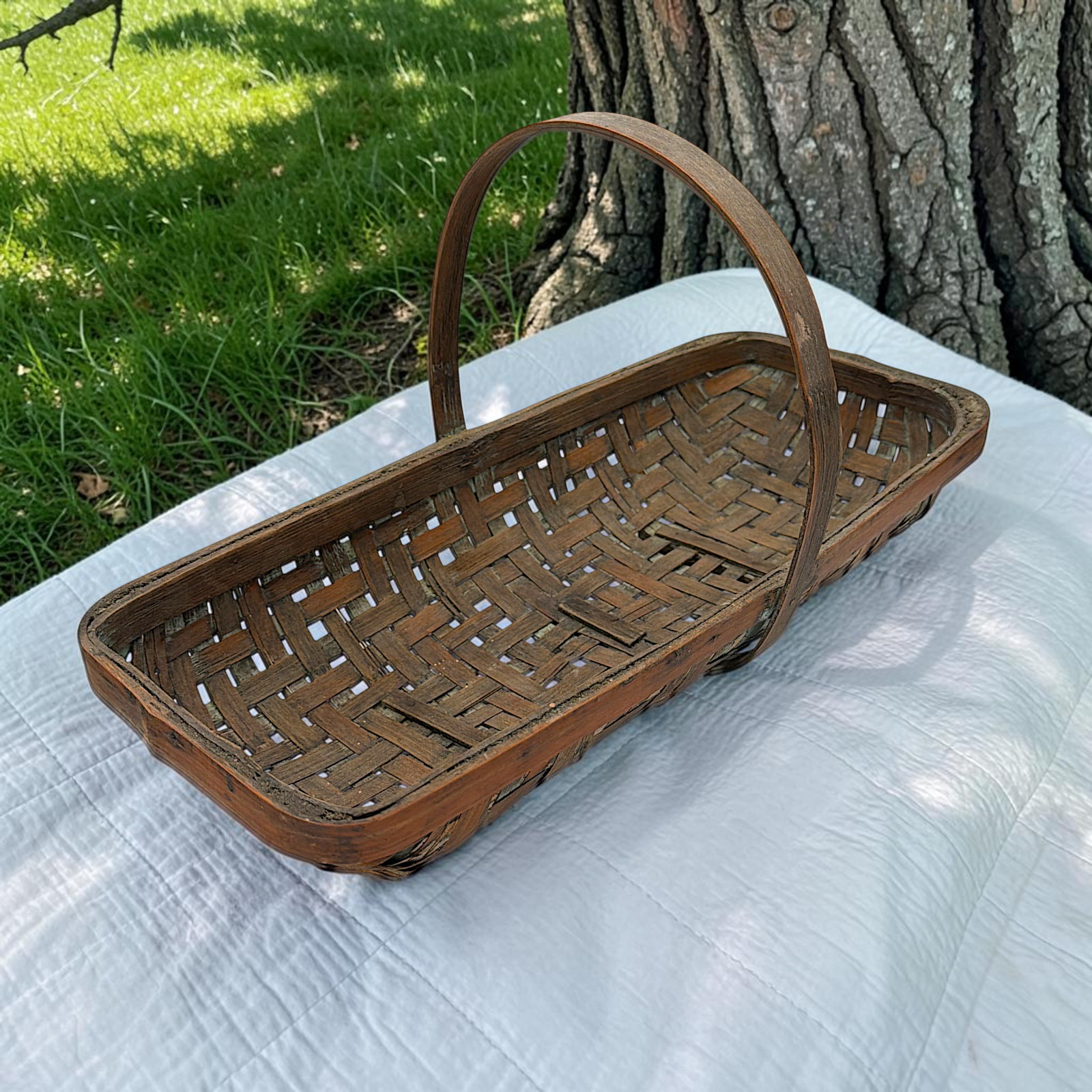 Vintage Woven Wood Splint Gathering Basket Bentwood Handle Garden Trug Farmhouse Vintage Woven Wood Splint Gathering Basket Bentwood Handle Garden Trug Farmhouse