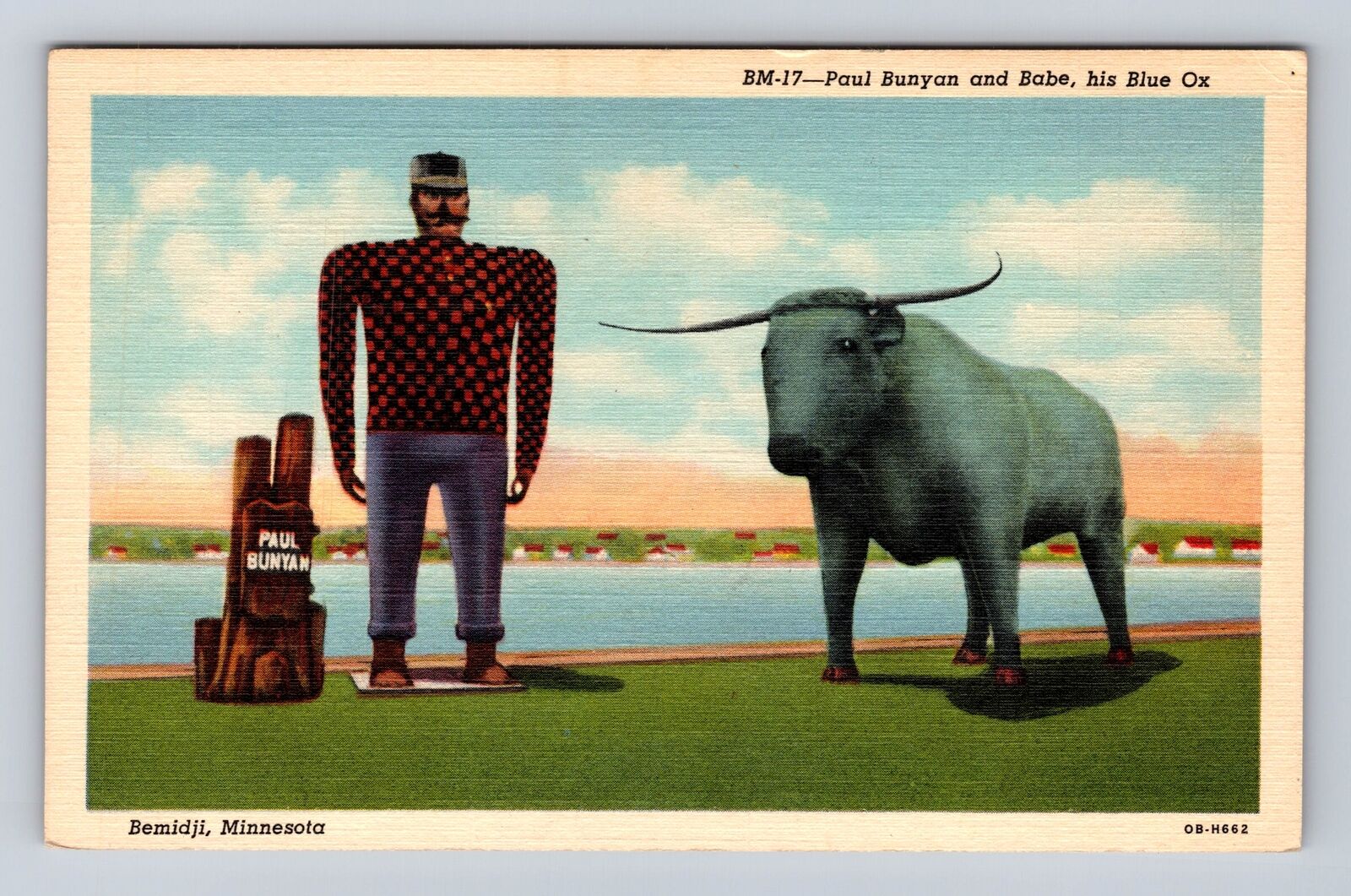 Lake Bemidji MN-Minnesota, Paul Bunyan Statue, Blue Ox Vintage Souvenir Postcard