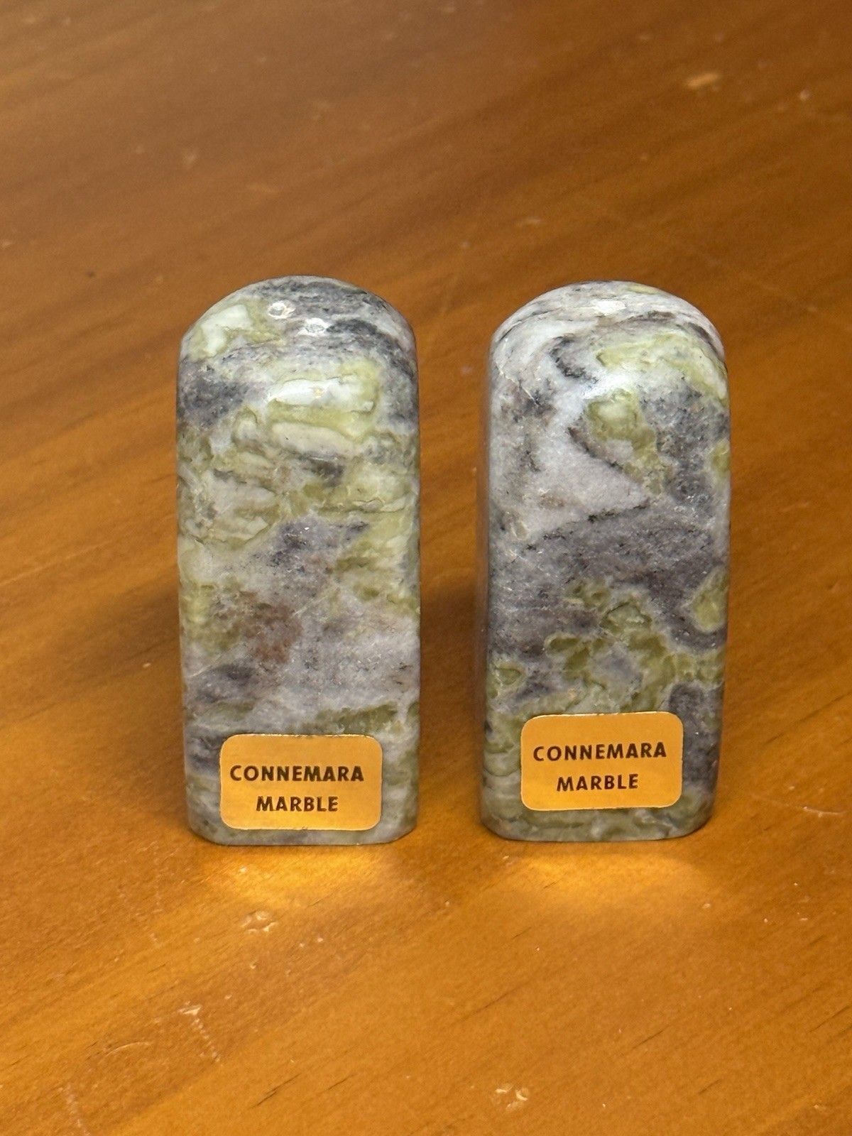 Vintage Connemara Marble Salt & Pepper Shakers Ireland Original Labels Rounded Vintage Connemara Marble Salt & Pepper Shakers Ireland Original Labels Rounded
