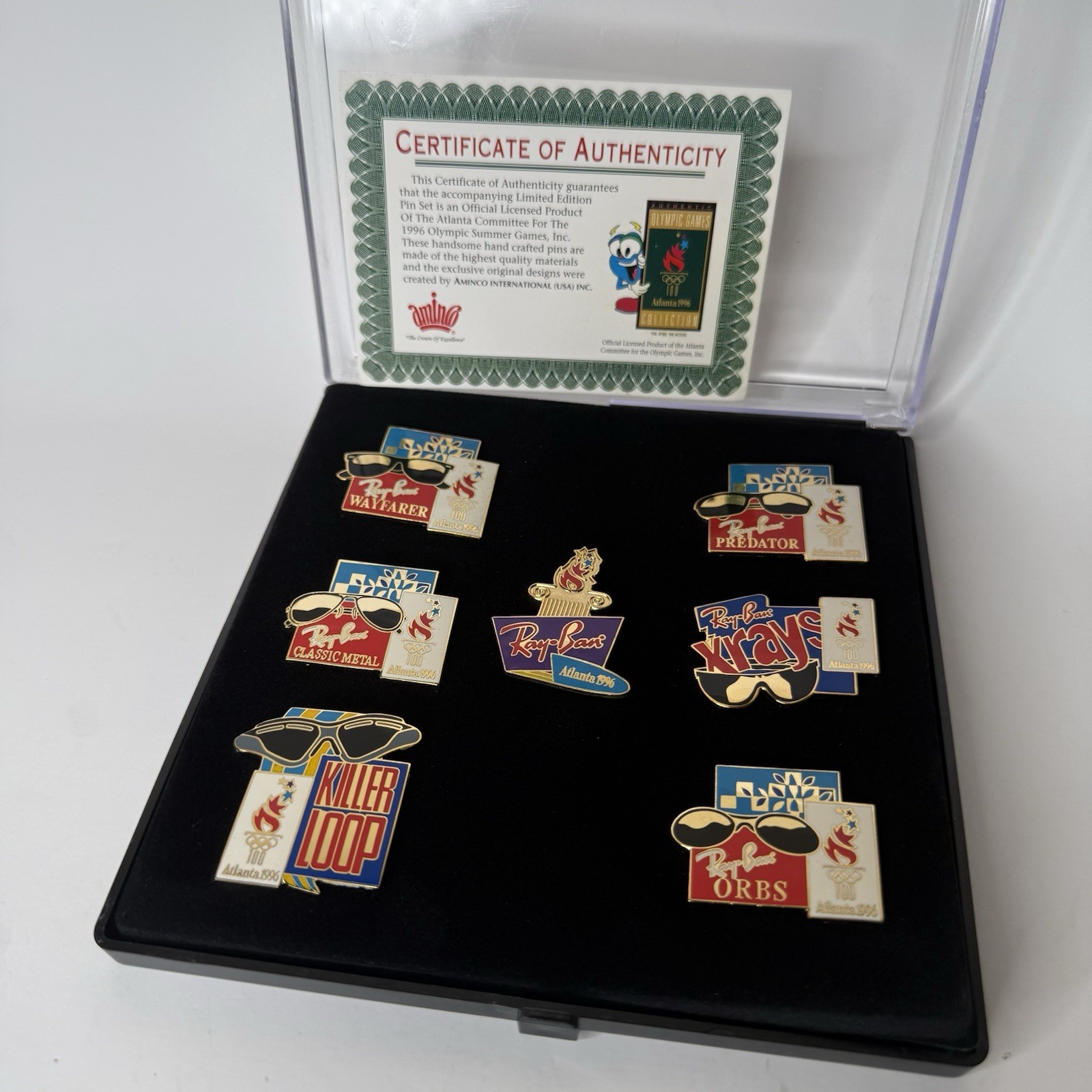 Vintage 1996 Atlanta Olympics Ray-Ban 7 Pin Set Wayfarer Predator Orbs COA Case Vintage 1996 Atlanta Olympics Ray-Ban 7 Pin Set Wayfarer Predator Orbs COA Case