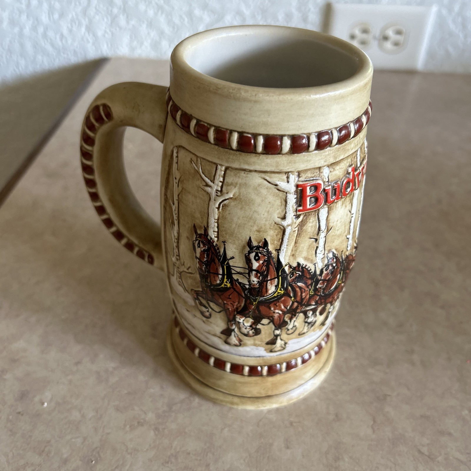 1981 Budweiser Ceramic Beer Holiday Stein Mug Clydesdales Ceramarte Brazil