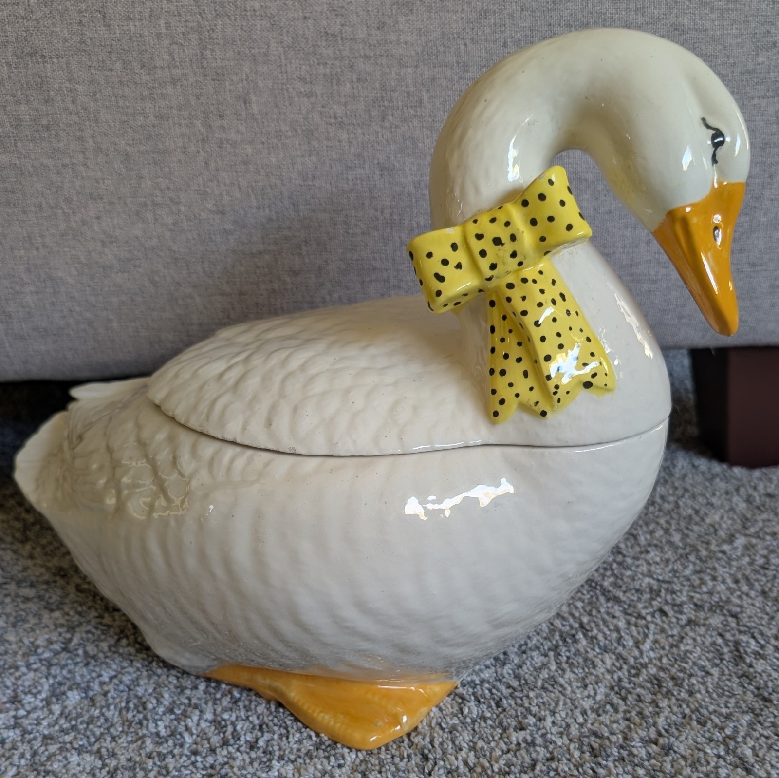 Vintage 1984 Sittre Group Ceramic Goose Cookie Jar Yellow Polka Dot Bow Kitchen