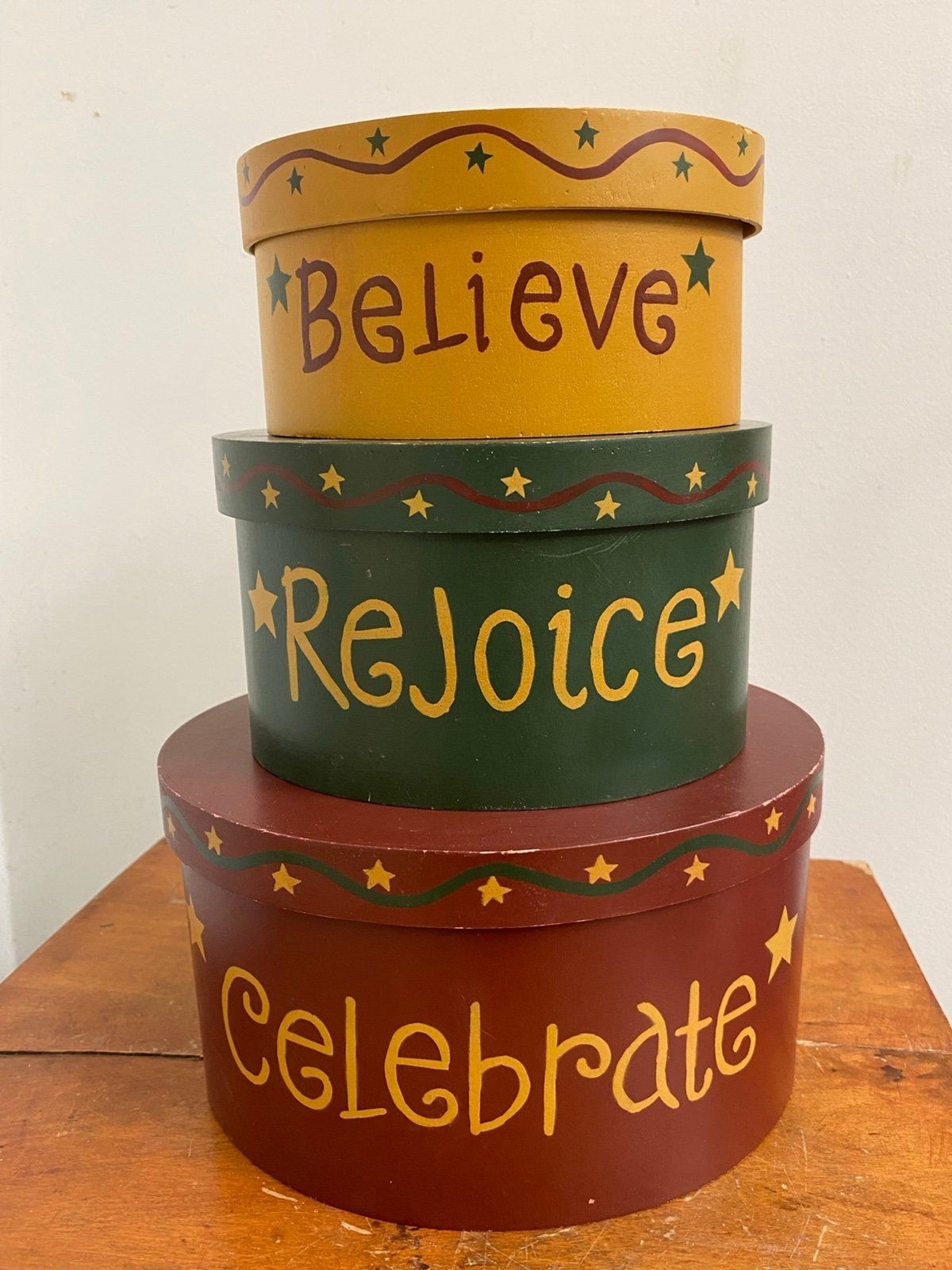Primitive Oval wooden nesting boxes painted  Believe, Rejoice & Celebrate