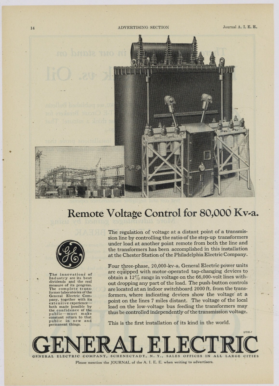 1925 GE General Electric Ad: Chester Station of Philadelphia Electric Co. Pic 1925 GE General Electric Ad: Chester Station of Philadelphia Electric Co. Pic