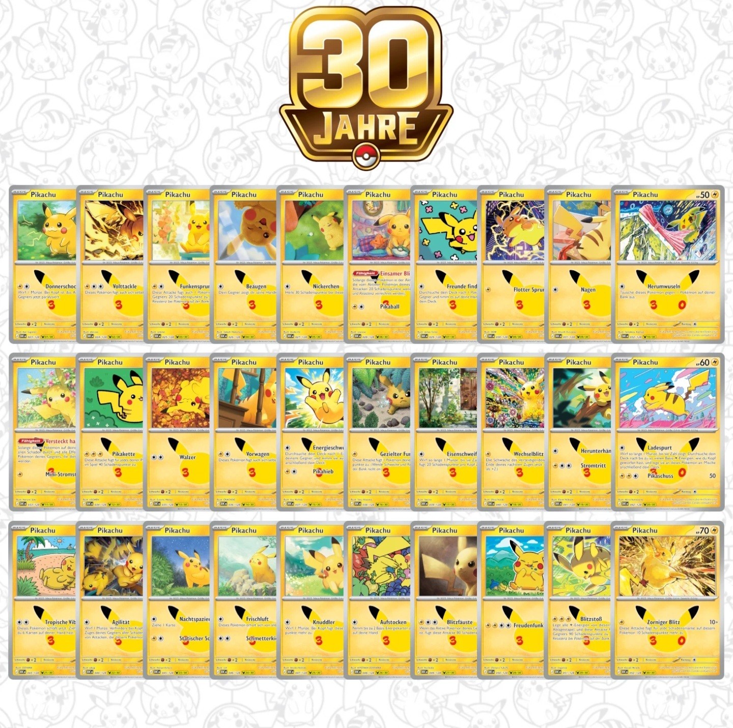 Pokemon 30th Anniversary Pikachu Complete Set 1-30 All 30 Cards German NM 30th Holo
