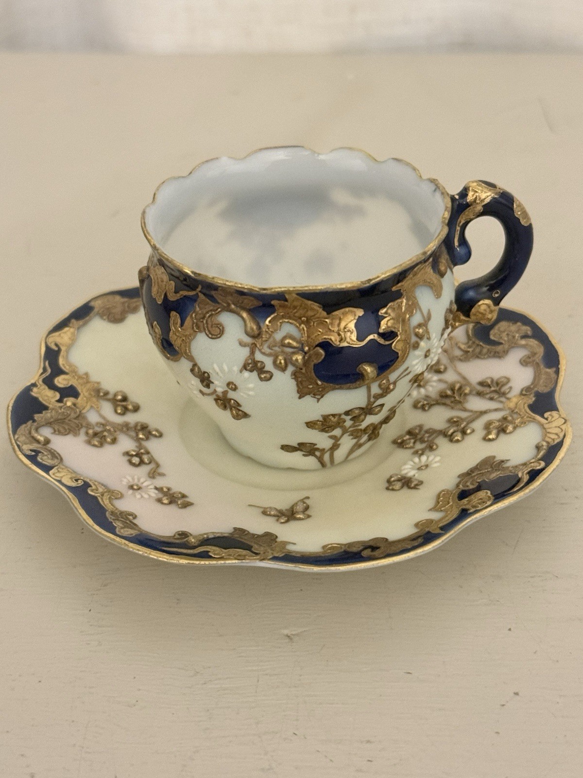 Antique Japanese Moriage Demitasse Cup Saucer Raised Gold Gilt Miniature Cabinet