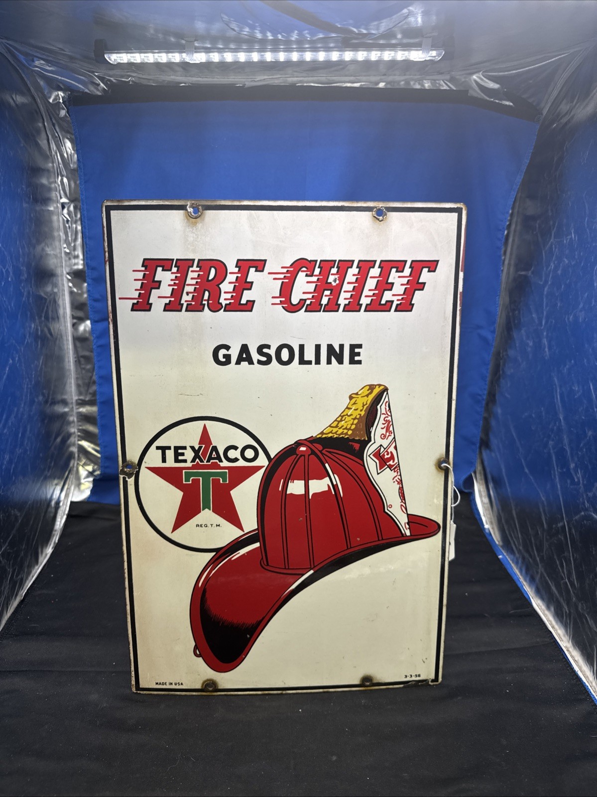 1956 Texaco Fire Chief Gasoline Porcelain sign Original 12” x 18” C 1956 Texaco Fire Chief Gasoline Porcelain sign Original 12” x 18” C