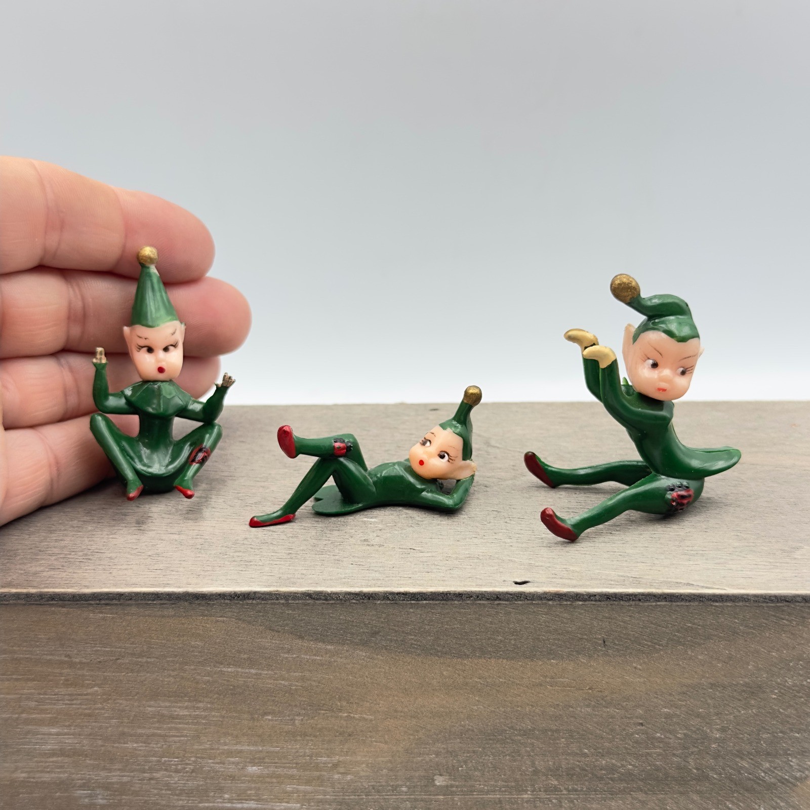 Vintage Miniature Elf Figurines Green Red Gold Pixie Trio 1950s 2in Retro Kitsch Vintage Miniature Elf Figurines Green Red Gold Pixie Trio 1950s 2in Retro Kitsch