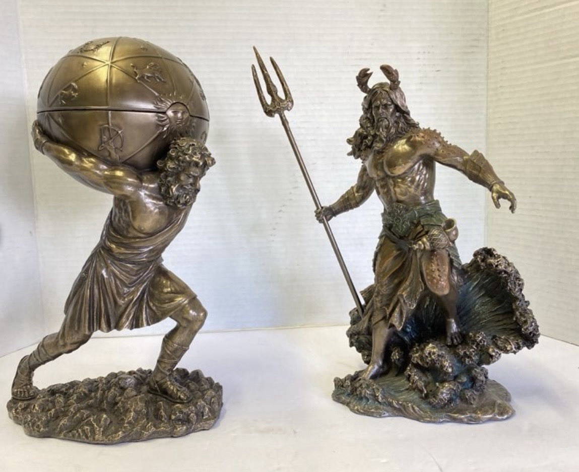 Veronese Atlas Zodiac Box & Poseidon Bronze Finish Greek Mythology Statue Pair Veronese Atlas Zodiac Box & Poseidon Bronze Finish Greek Mythology Statue Pair