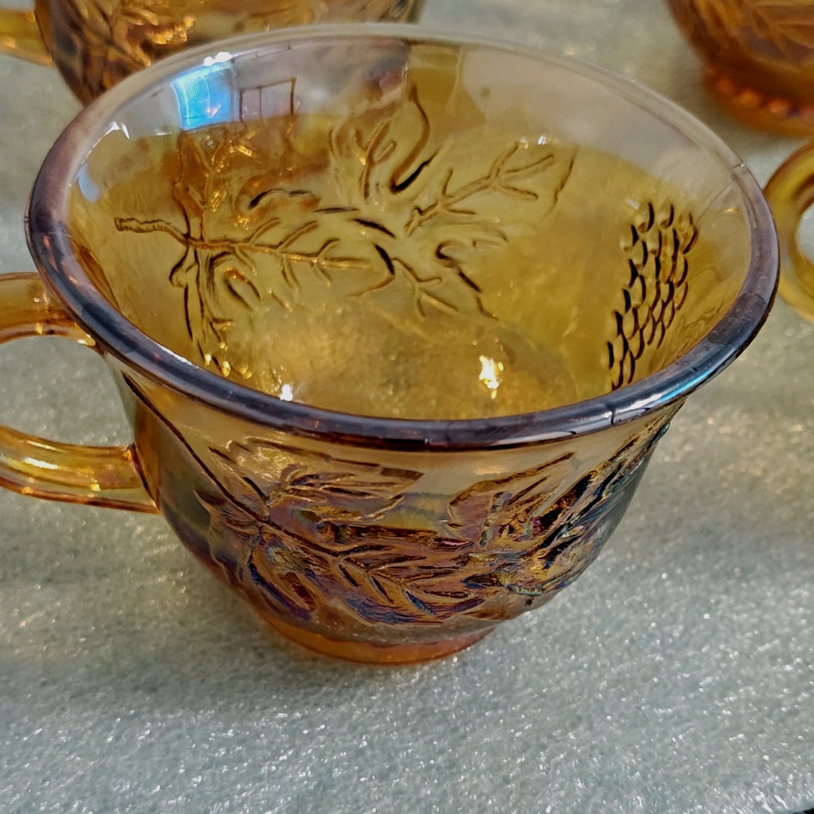 Vintage Indiana Marigold Orange Carnival Glass Cups.
