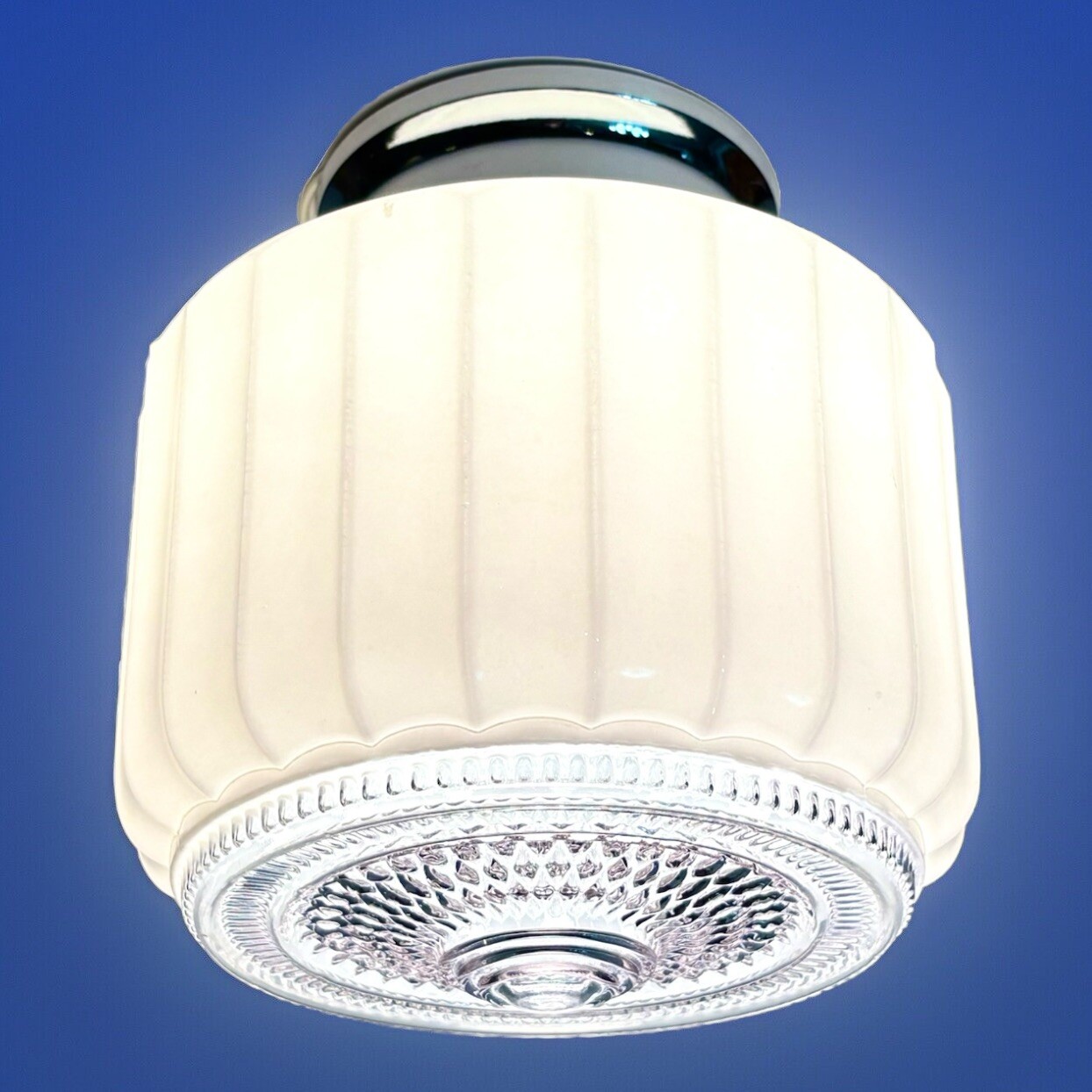 Vtg Art Deco 1940s-50's White/Clear Lavender Glass Shade Ceiling Light Fixture Vtg Art Deco 1940s-50's White/Clear Lavender Glass Shade Ceiling Light Fixture