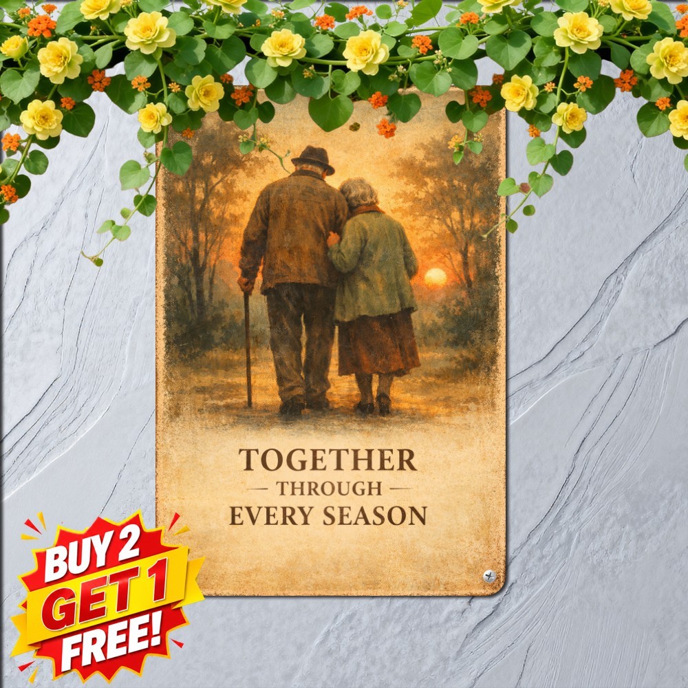 Romantic Elderly Couple Walking Hand In Hand Together Plaque Metal Tin Sign Romantic Elderly Couple Walking Hand In Hand Together Plaque Metal Tin Sign