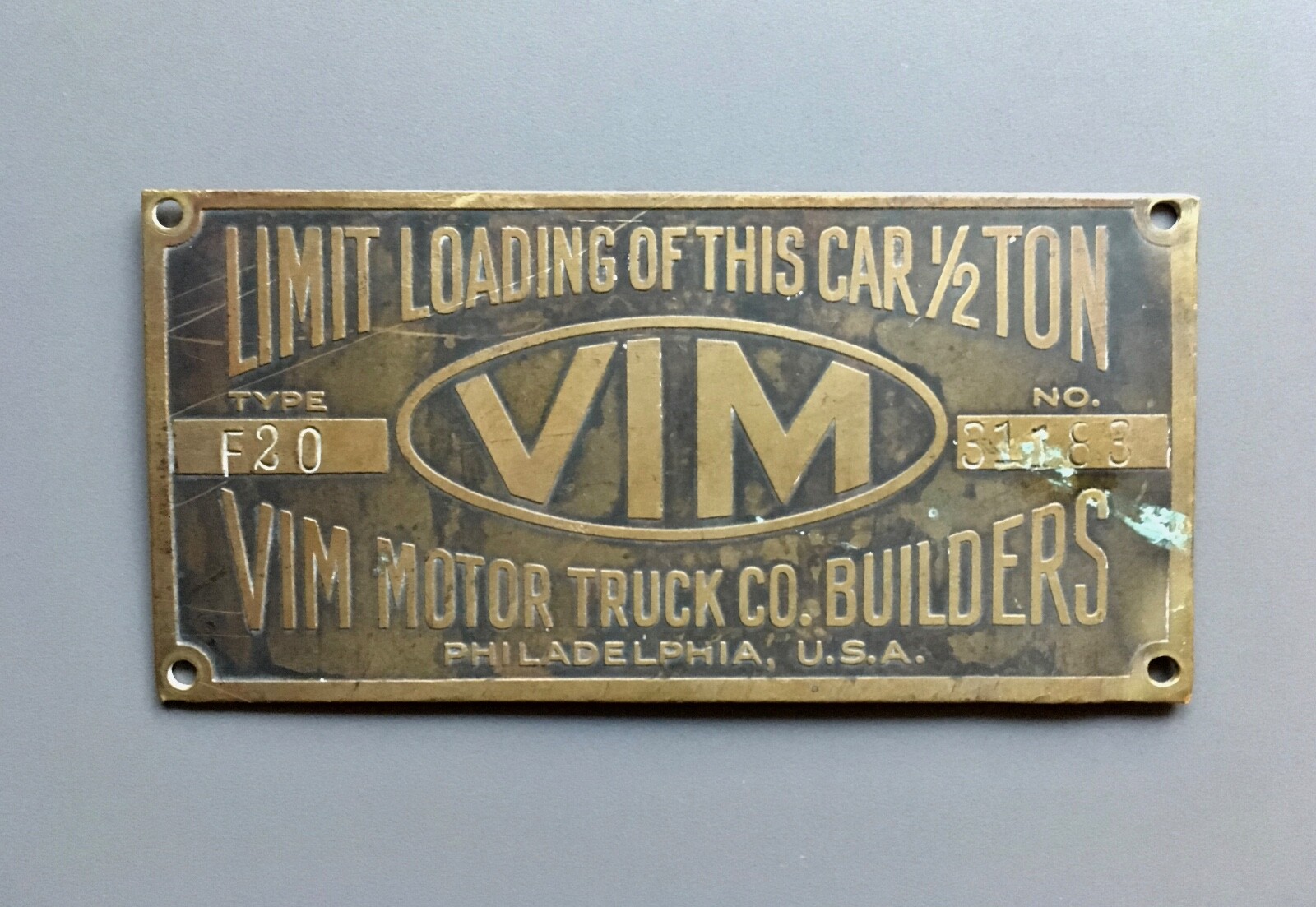 Rare Antique VIM Motor Truck Company Builders Car/Truck Brass Tag Rare Antique VIM Motor Truck Company Builders Car/Truck Brass Tag