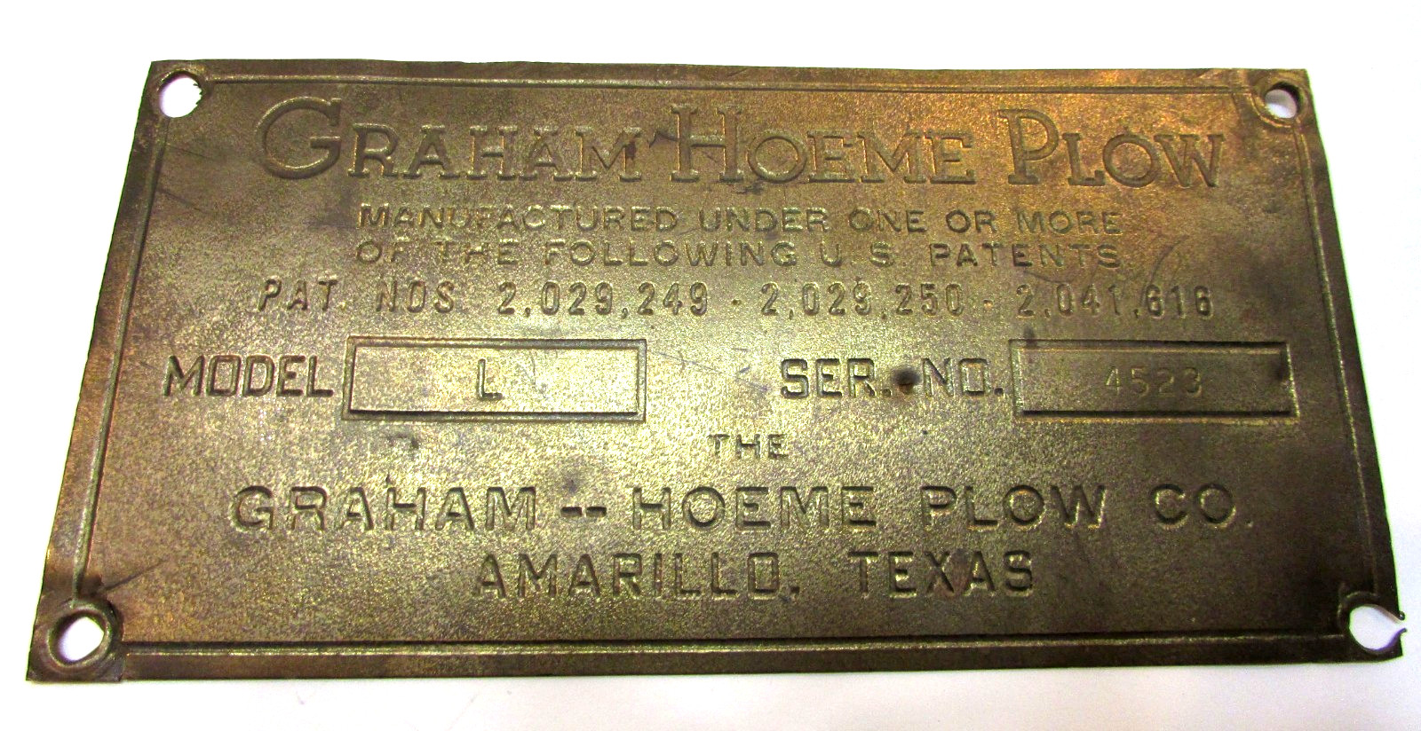 Old 1937 Graham Hoeme Model L Plow Amarillo TX Texas Antique 3x6 Brass Plate Old 1937 Graham Hoeme Model L Plow Amarillo TX Texas Antique 3x6 Brass Plate