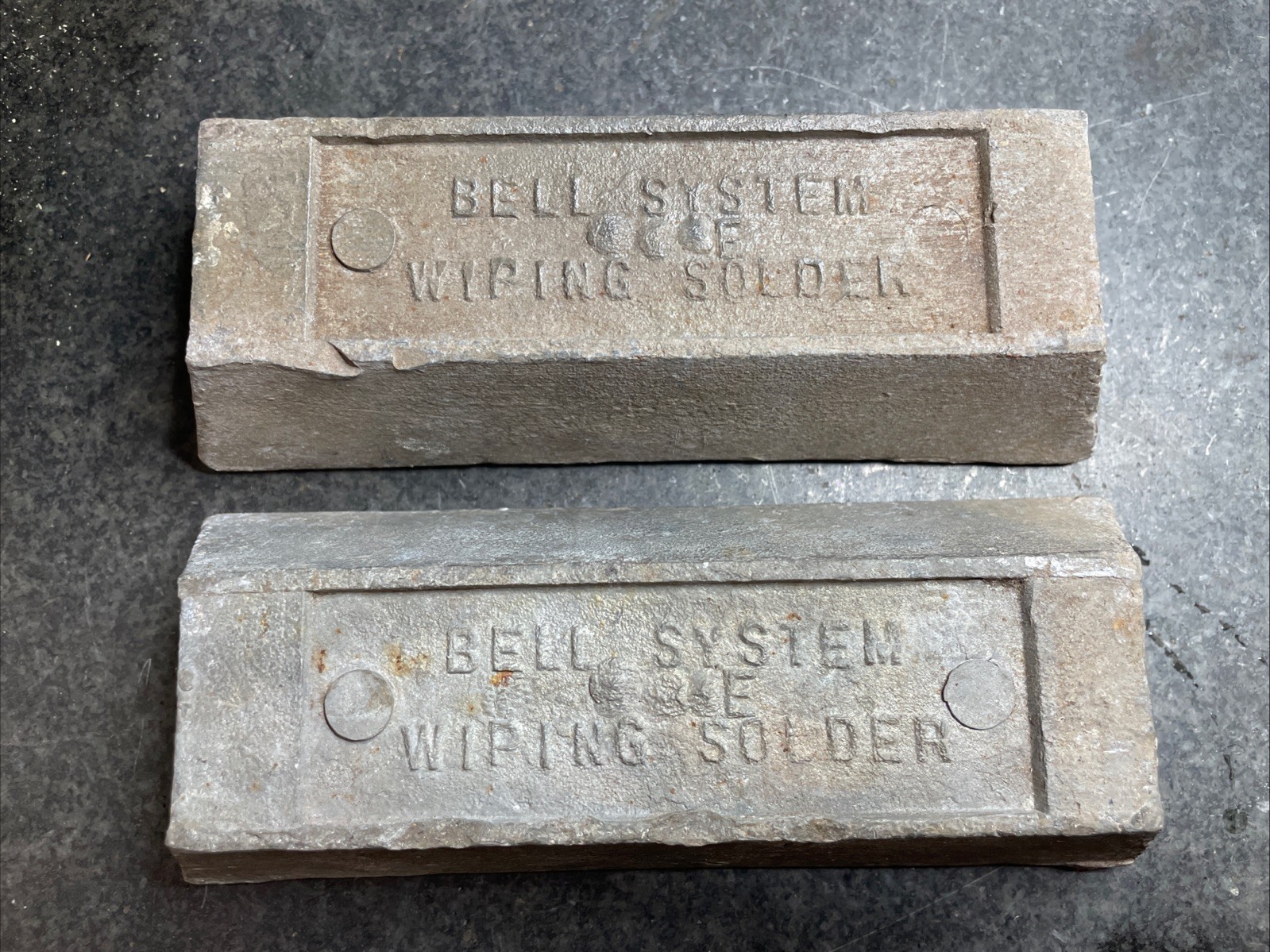 Lot of two Antique Bell System Wiping Solder Ingot 5 lbs lead tin alloy Lot of two Antique Bell System Wiping Solder Ingot 5 lbs lead tin alloy