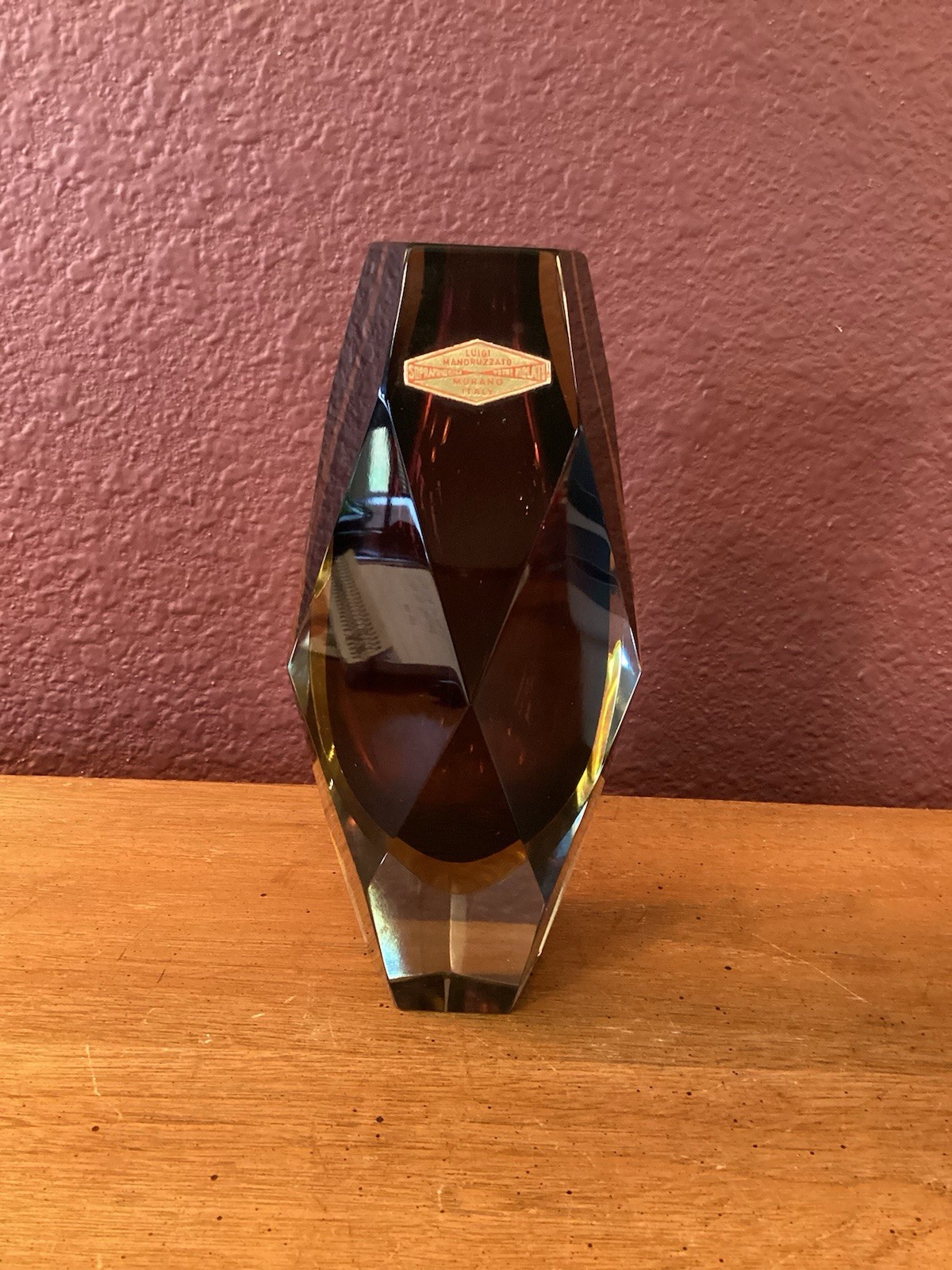 Vintage Luigi Mandruzzato Murano Faceted Cased Glass Vase Amber And Amethyst