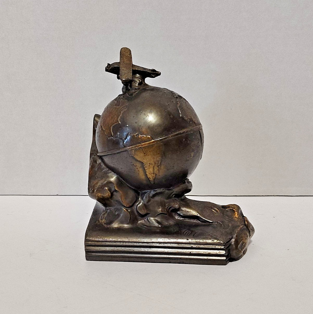 Single Art Deco Globe Airplane Bookend Bronze Plated Cast Metal Vintage READ Single Art Deco Globe Airplane Bookend Bronze Plated Cast Metal Vintage READ