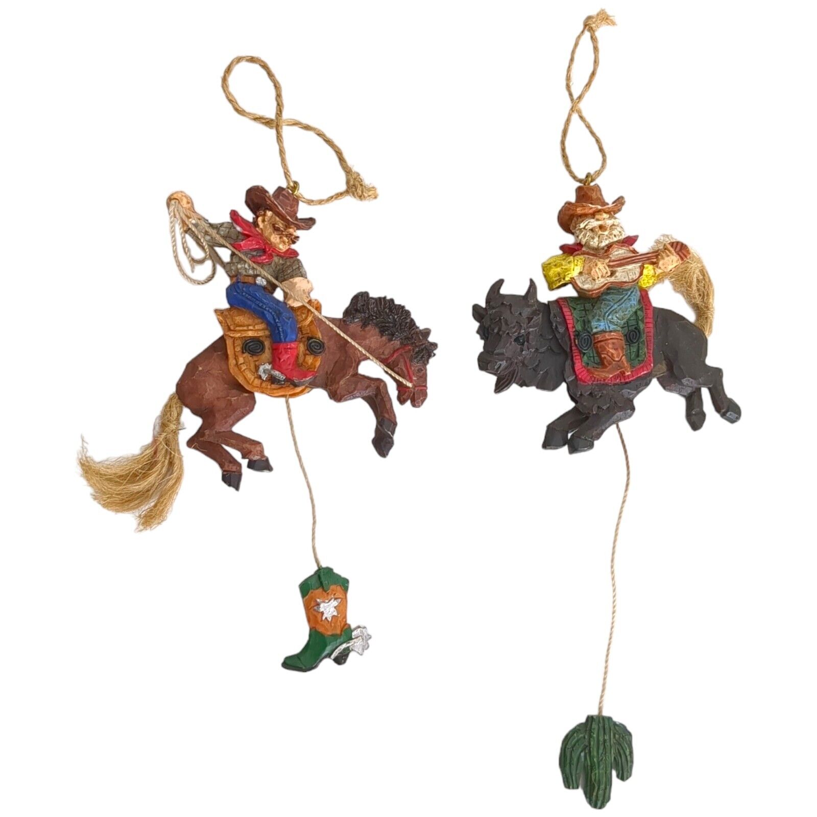 Lot of 2 RESIN JOINTED BUCKING BRONCO HORSE CHRISTMAS Ornament W/ COWBOY SANTA
