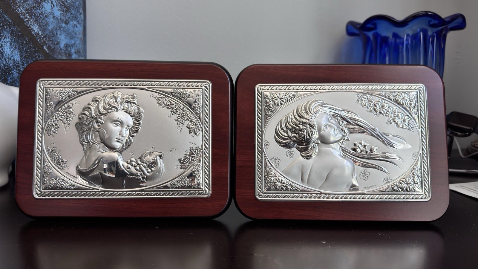 Vintage Italian Miro-Silver Plaque Set 2 Art Nouveau Female Wood Stamped Ag 6g
