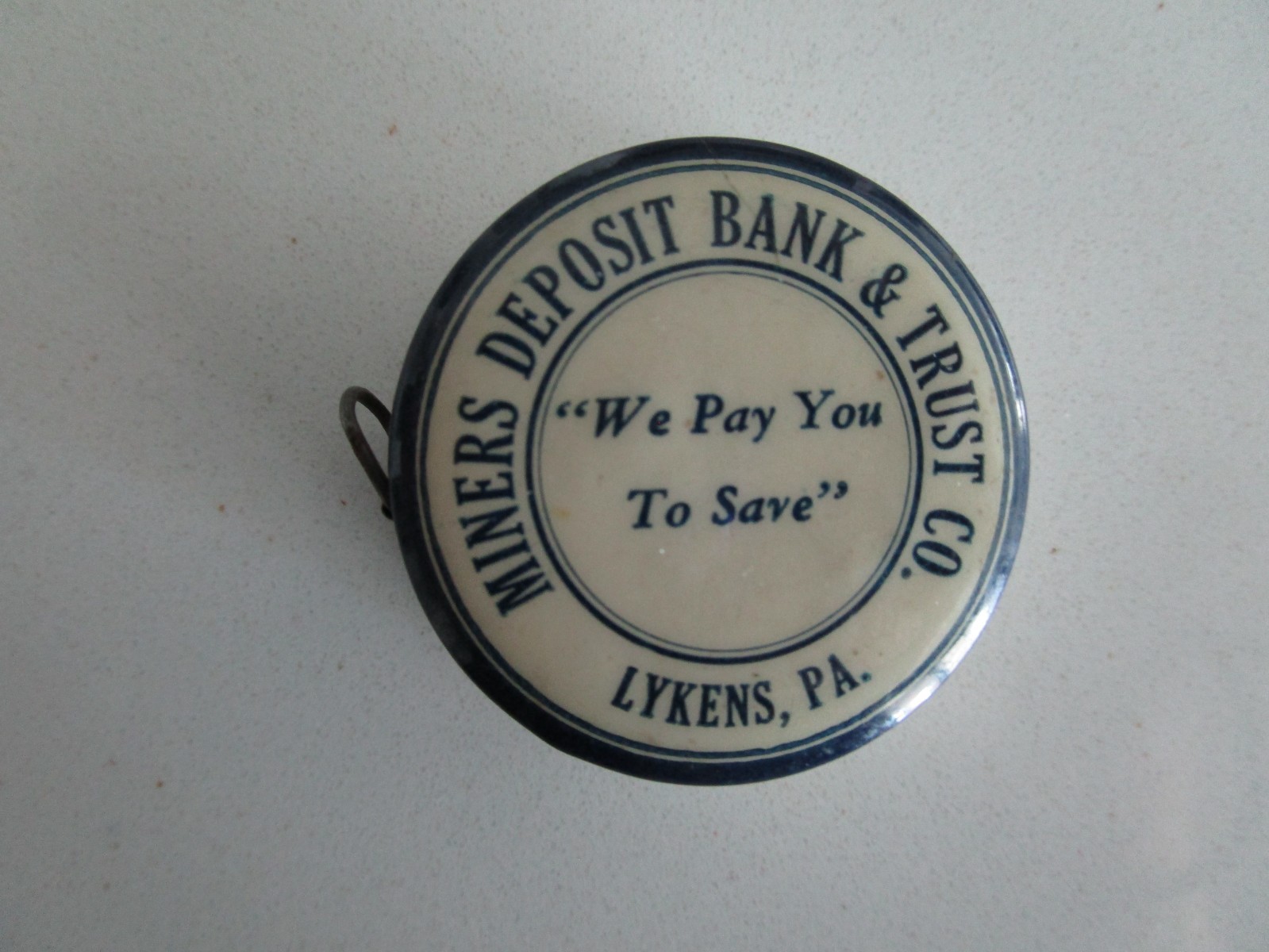 Vintage celluloid tape adv. Miner's Deposit Bank & Trust, Lykens Pa. Vintage celluloid tape adv. Miner's Deposit Bank & Trust, Lykens Pa.