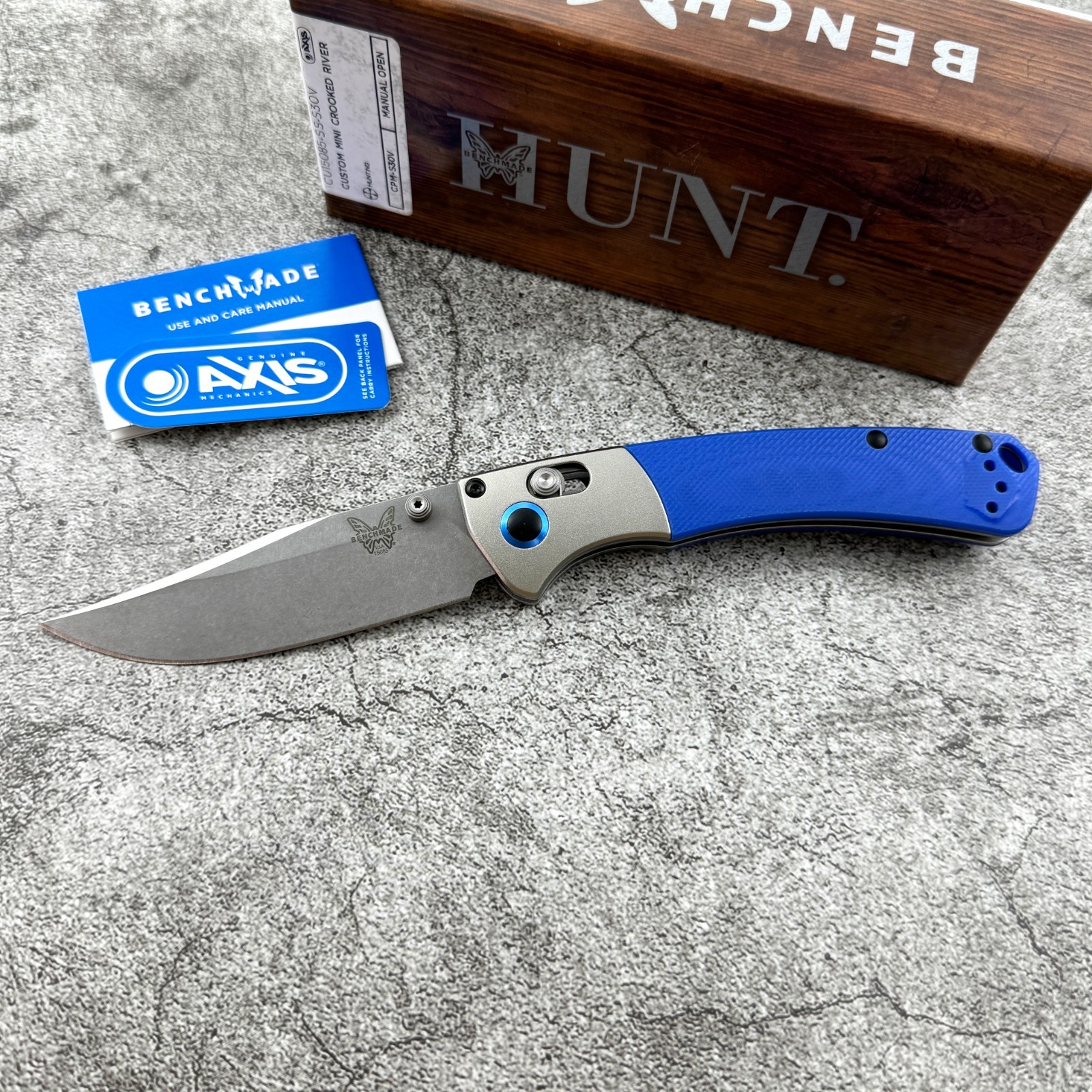 Benchmade Custom Mini 15085-SS Crooked River Satin Aluminum Blue G10 Knife Benchmade Custom Mini 15085-SS Crooked River Satin Aluminum Blue G10 Knife