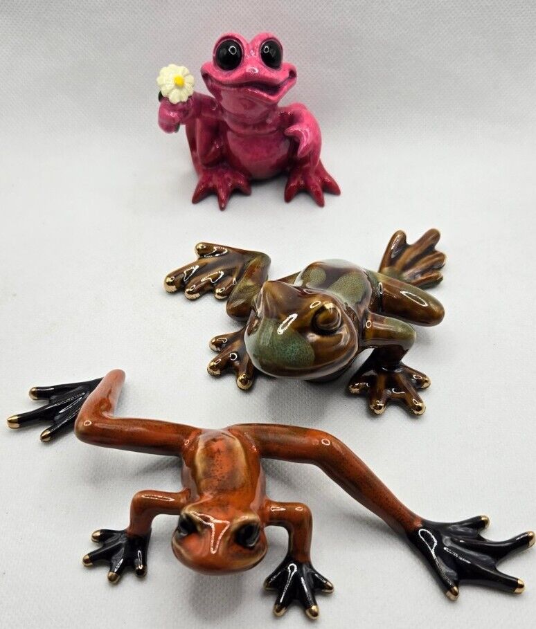 Golden Pond + Kitty\'s Critters Frog Figurine Lot of 3 Green/Brown/Pink/Orange