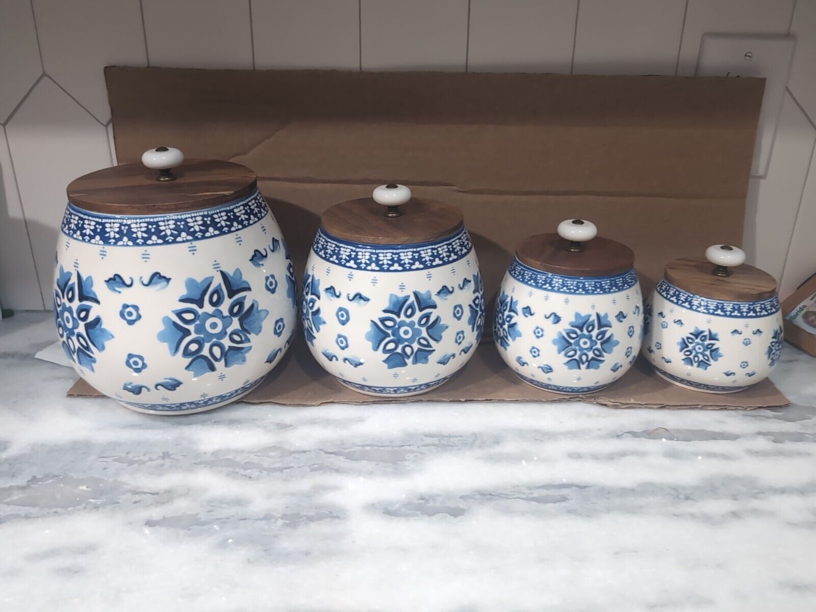 Four Opalhouse Ceramic Canister Blue On White, Wood Lid Ranging Large To Small