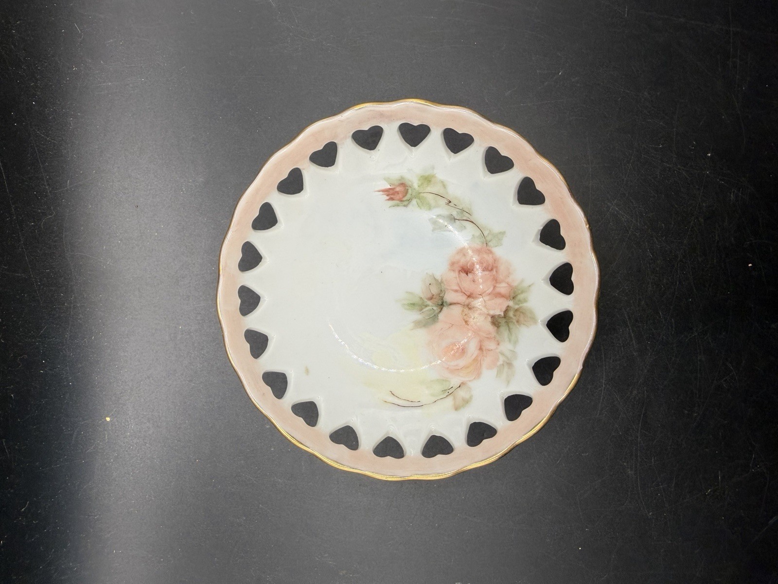 Antique Hand Painted Porcelain Heart Reticulated Pedestal Bowl Pink Roses Signed Antique Hand Painted Porcelain Heart Reticulated Pedestal Bowl Pink Roses Signed