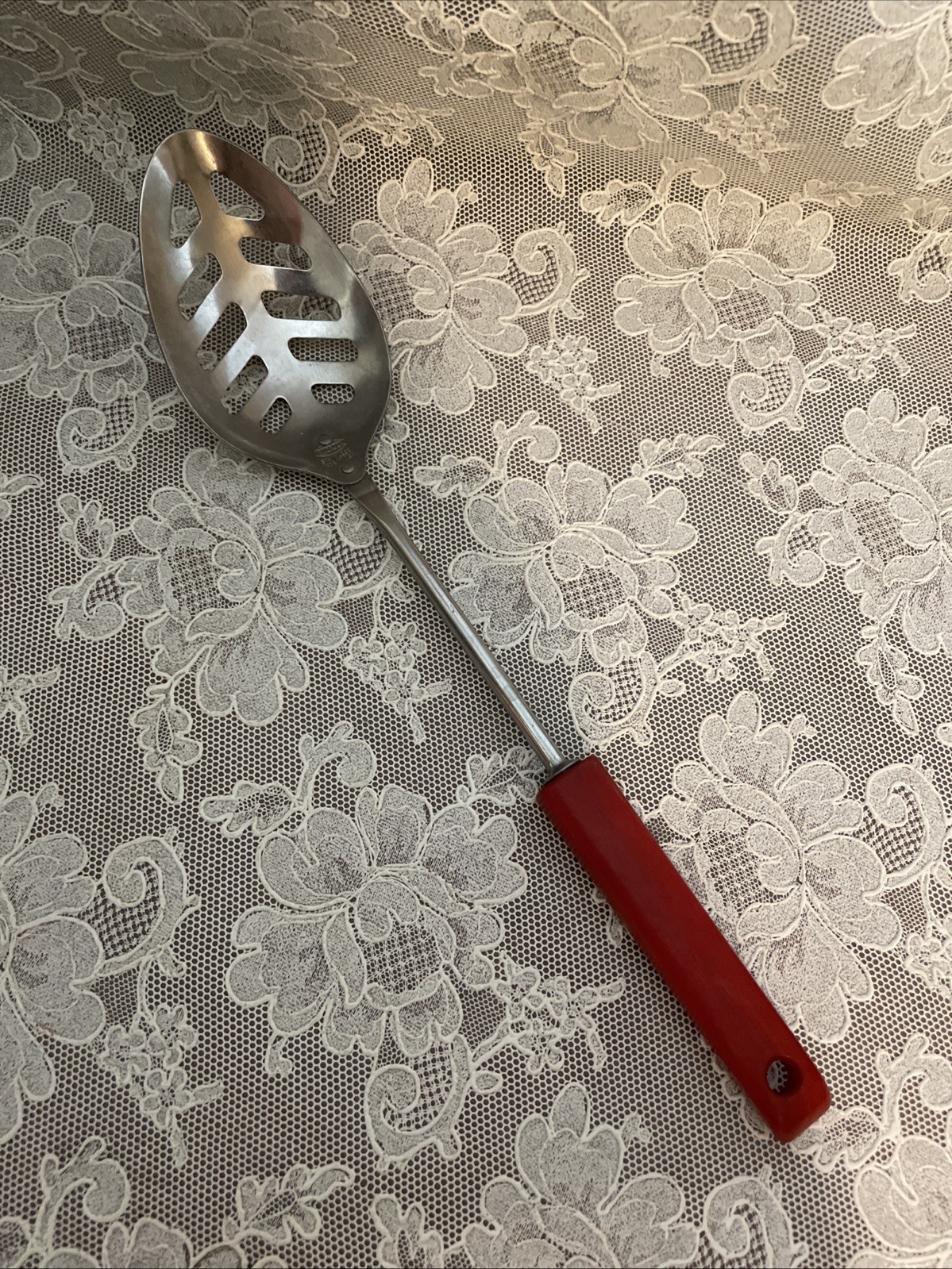 Vintage Androck Red Bakelite Handle Slotted Spoon Stainless Steel Nice Vintage Androck Red Bakelite Handle Slotted Spoon Stainless Steel Nice